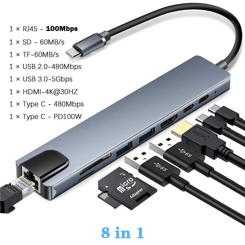 USB C Hub Multiport HDMI 4K Ethernet PD 100W USB 3.0 Adapter
