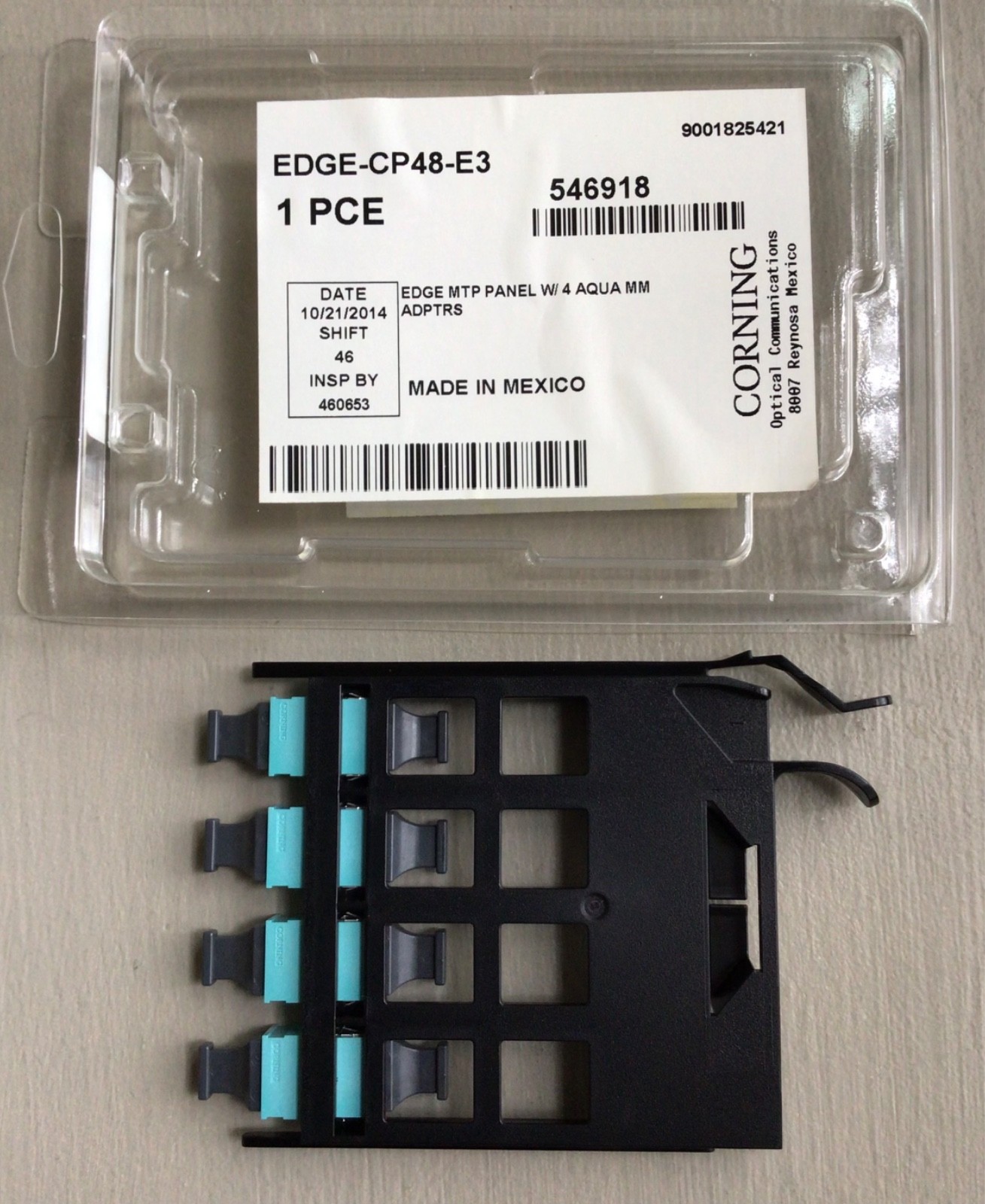 NEW Genuine Corning EDGE-CP48-E3 MTP Panel, FOUR Aqua Adaptors 546918 FREE Ship