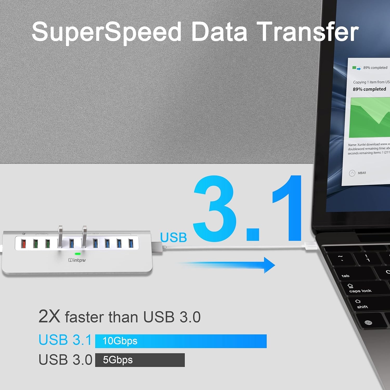 Powered USB Hub 10Gbps, 10 Port USB 3.1 Gen 2 Hub with 7 USB 3.1 Data Ports, 3 F