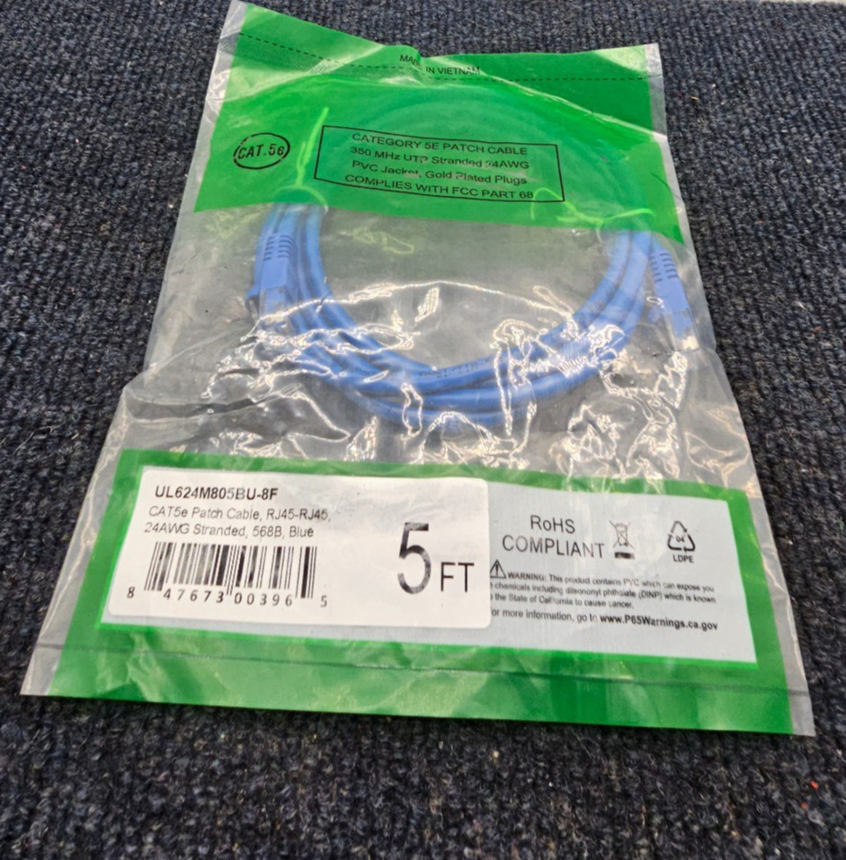 (QTY 2) UL624M805BU-8F 5ft CAT5e Patch Cable, RJ45-RJ45 24AWG Stranded 568B Blue