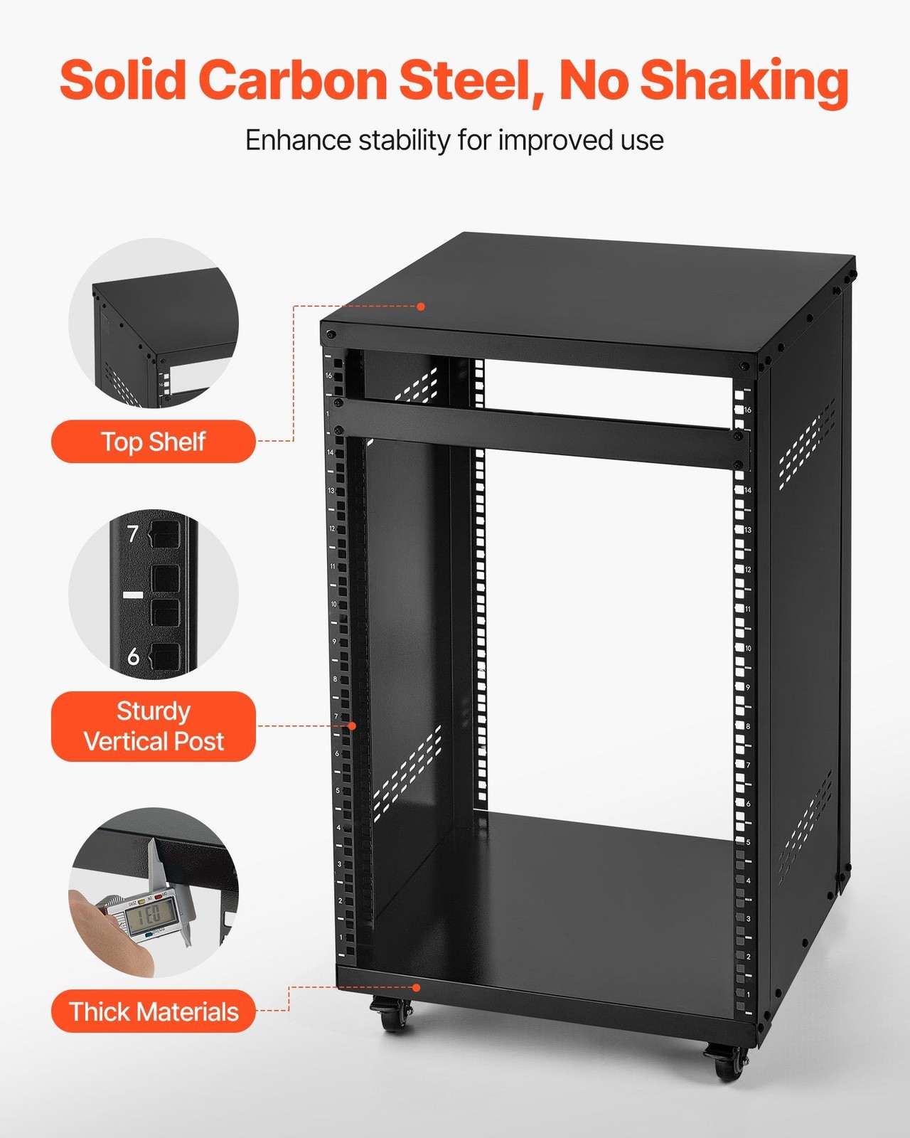 16U 200lb Open Frame AV Rack with Lockable Casters & 19-Inch Ventilation