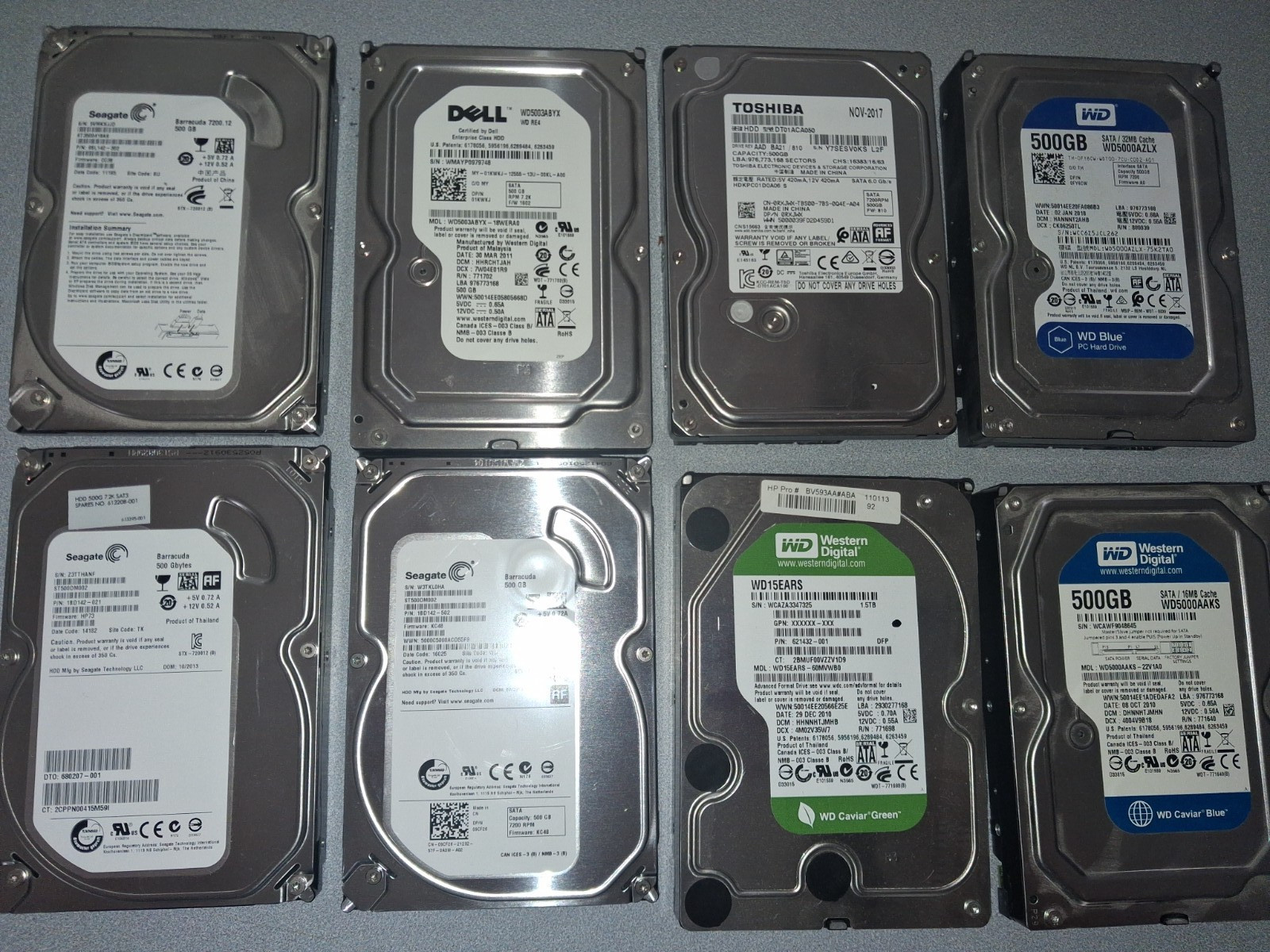 Lot of 8 500GB Desktop 3.5″ 7.2K RPM Hard drives SATA-Tested & Cleared