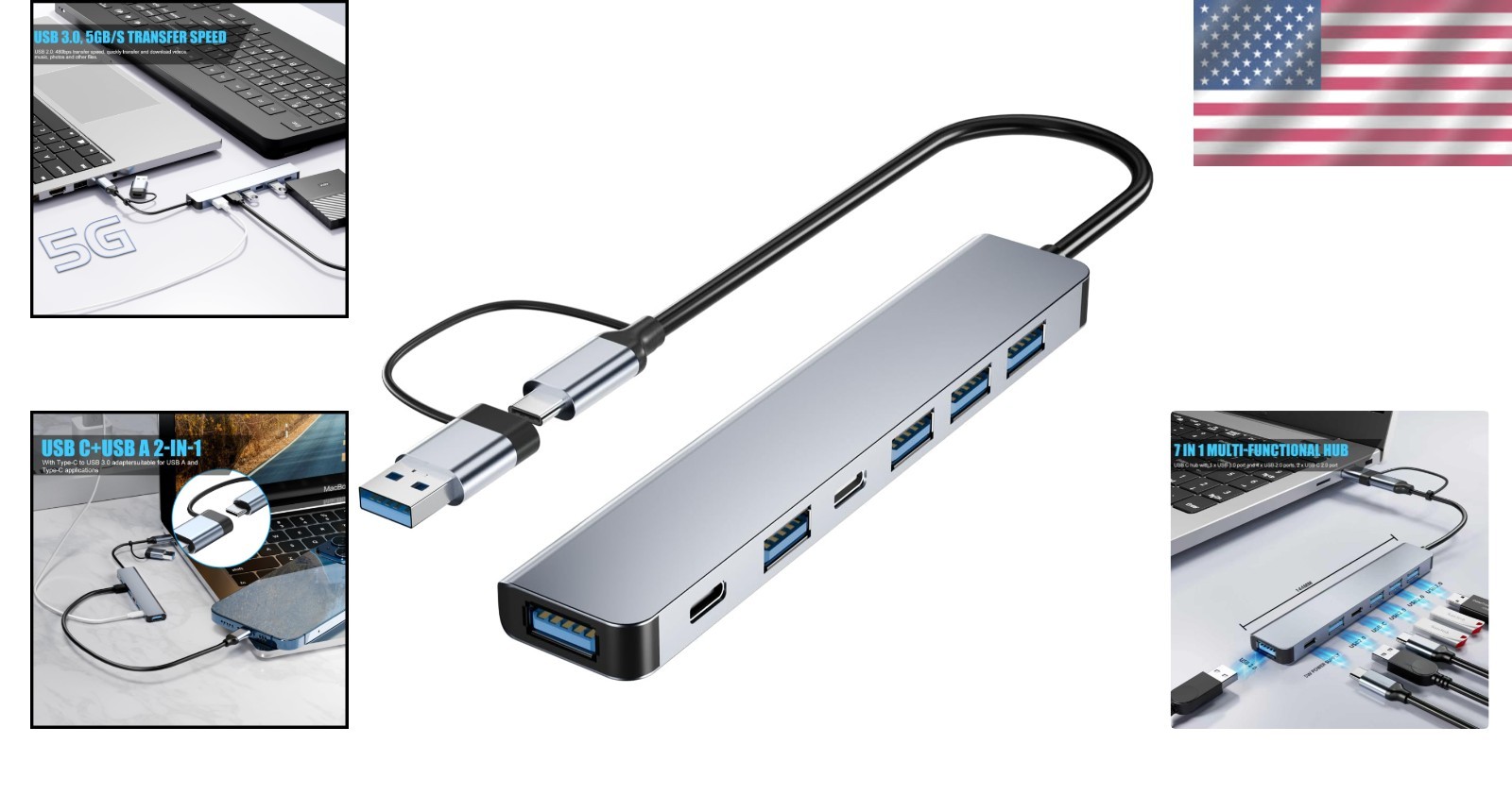 High-Speed 7 in 1 USB C Hub – Perfect for Seamless Data Transfer Across Devices