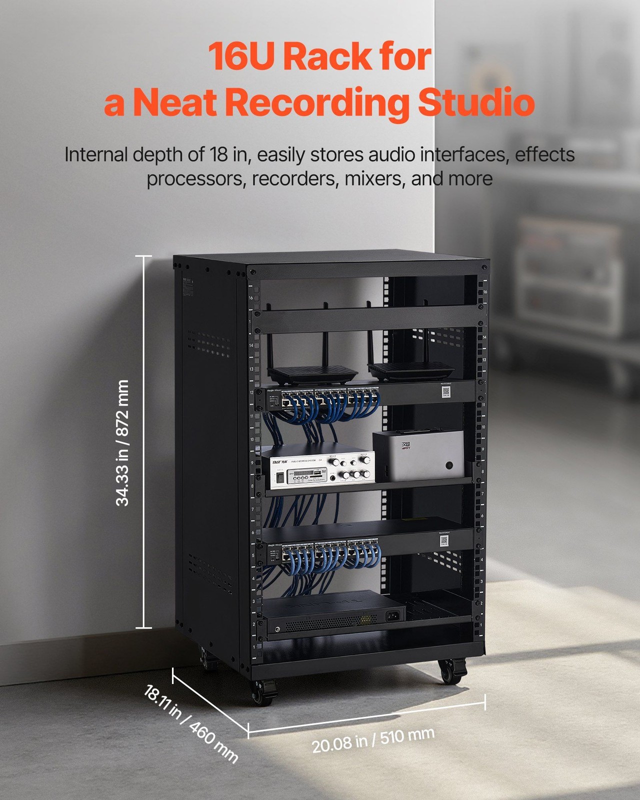 16U 200lb Open Frame AV Rack with Lockable Casters & 19-Inch Ventilation