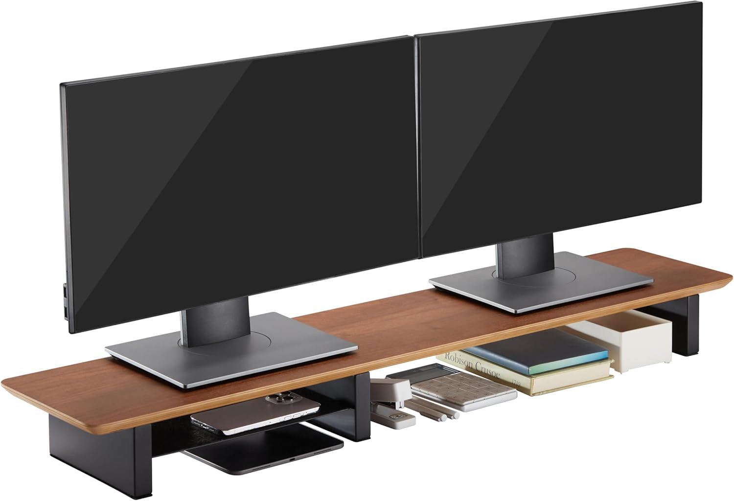XL Walnut Wood Monitor Stand for 2 Monitors – 44 Inch Desk Shelf
