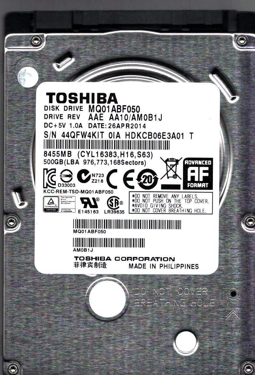 MQ01ABF050 HDKCB06E3A01 T REV:AAE AA10/AM0B1J 500GB APR 2014 PHILIPPINES TOSHIBA