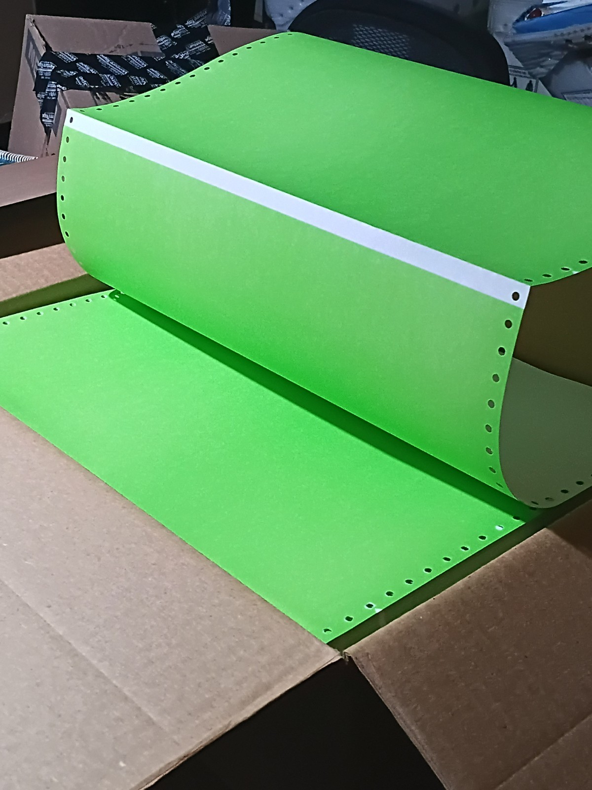 5000 Sheets Of Florescent Green Wide Carriage Continuous Feed Pin Feed Paper