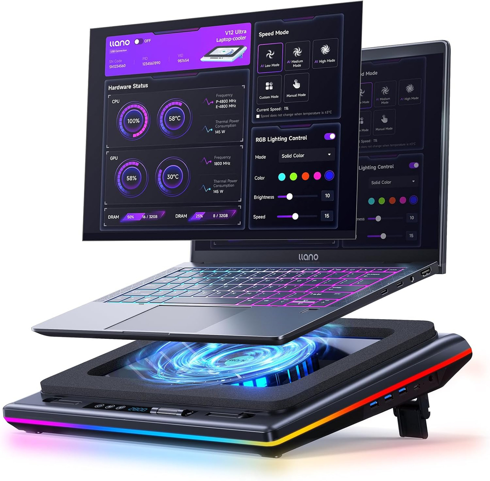 Laptop Cooling Pad with RGB Lighting and AI Temperature Control for 15.6 19 Inch