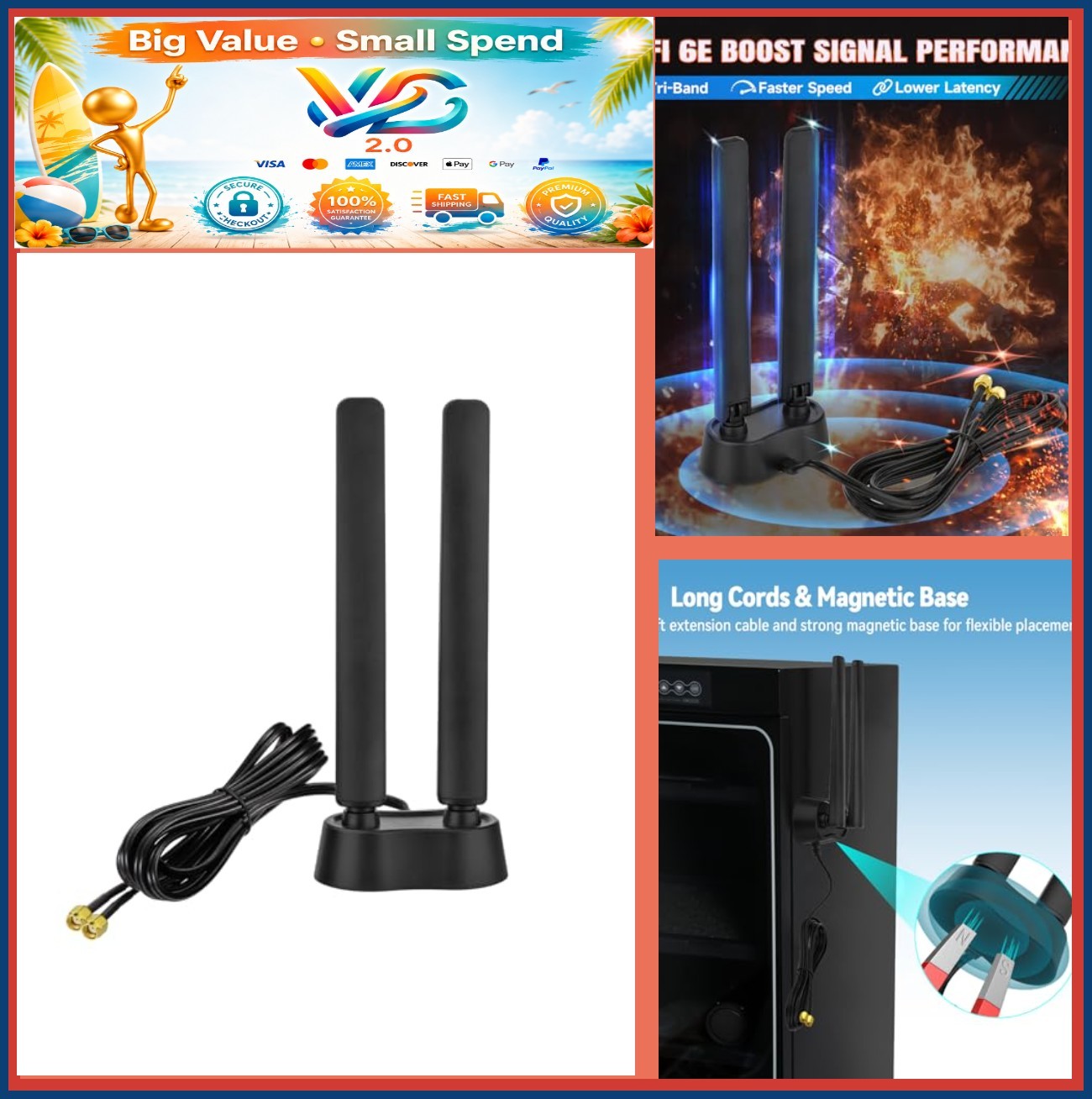 9dBi WiFi 6E Antenna Tri-Band 2.4GHz 5GHz 6GHz Magnetic Base RP-SMA PC