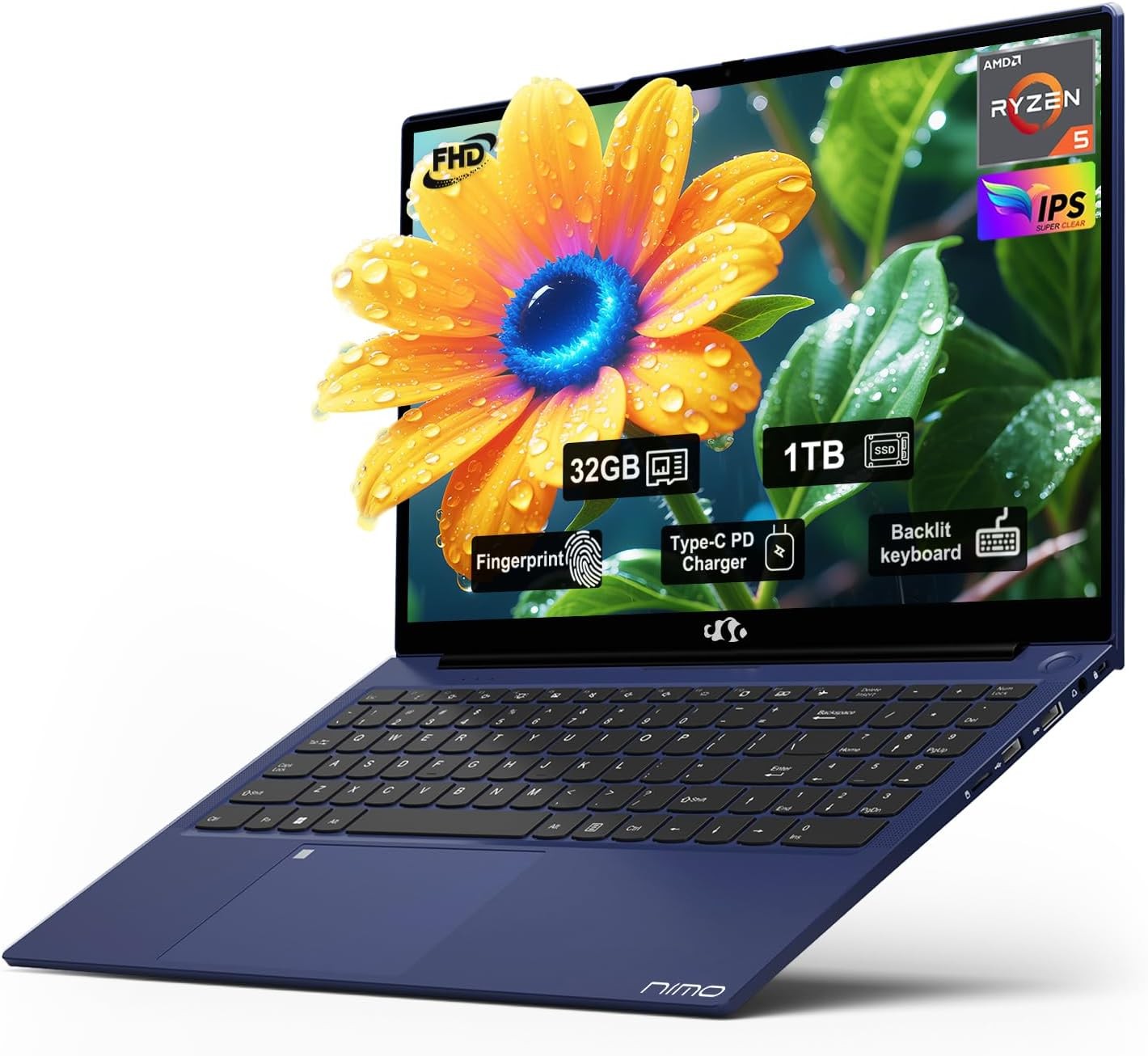 NIMO 15.6″ IPS FHD-Laptop, 16/32GB RAM 512gb/1TB SSD AMD Ryzen 5 windows 11 Blue