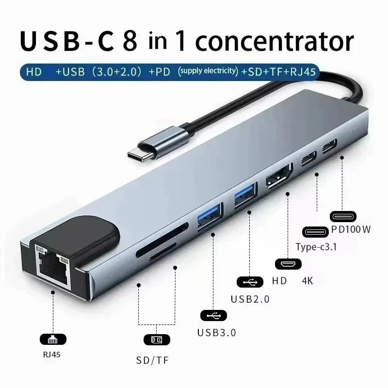 8 in 1 USB-C Hub Type C To USB 3.0 4K HDMI PD Adapter For iPhone Macbook Pro Air