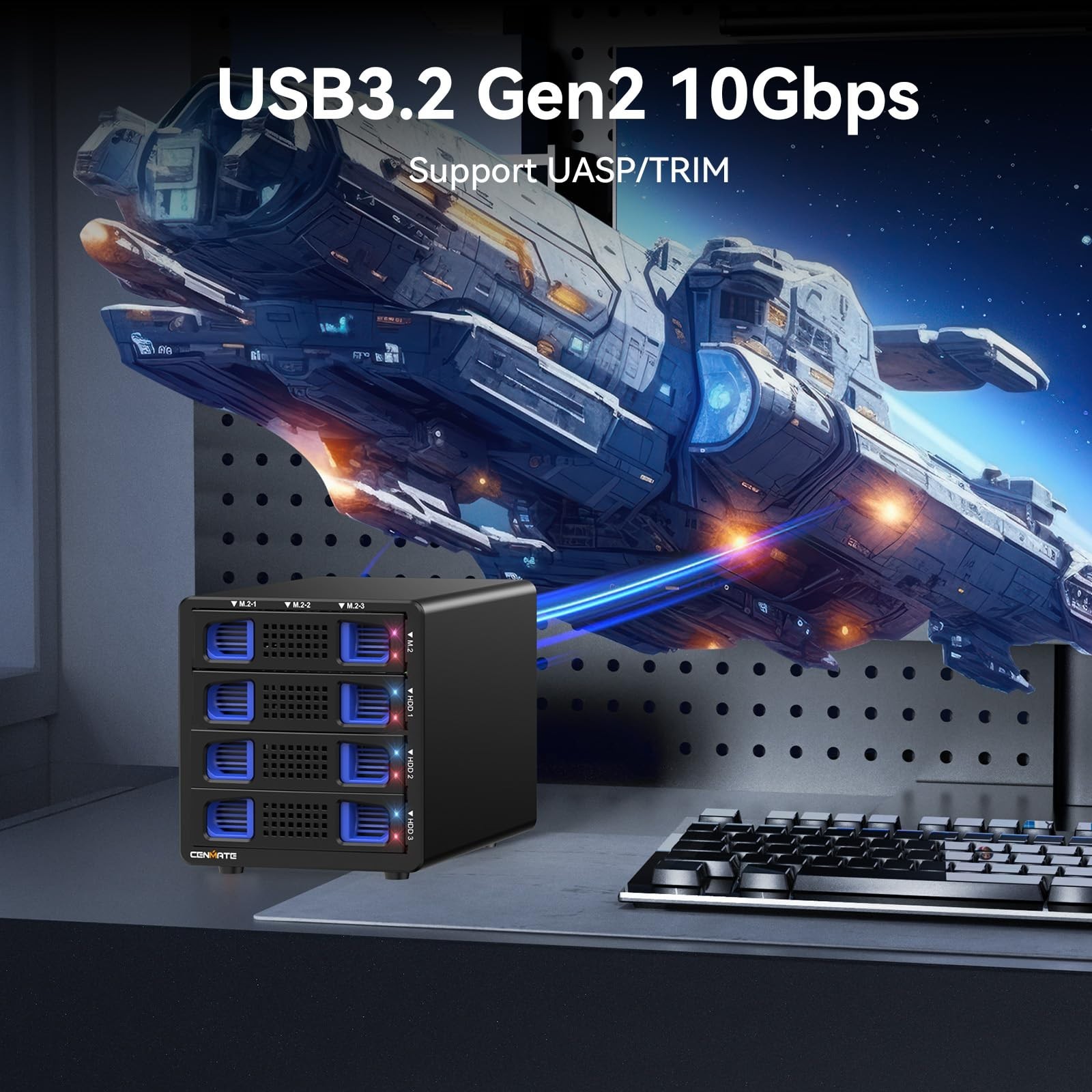 Hybrid SATA HDD/SSD Enclosure with Cooling Fan, USB 3.2 Gen 2, Supports 90TB Sto