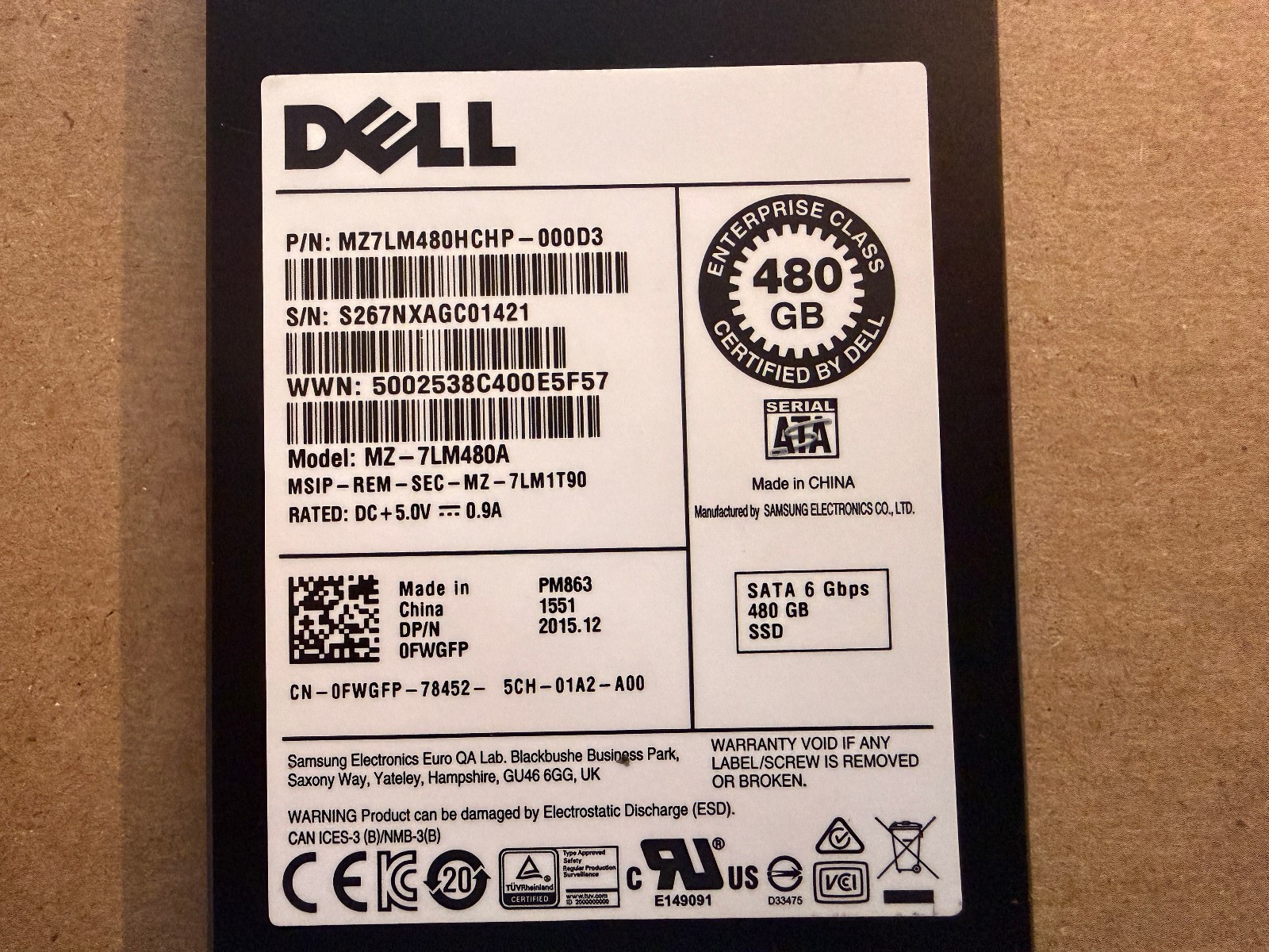 Dell 480GB 2.5″ SATA 6Gbps SSD MZ7LM480HCHP-000D3 MZ-7LM480A