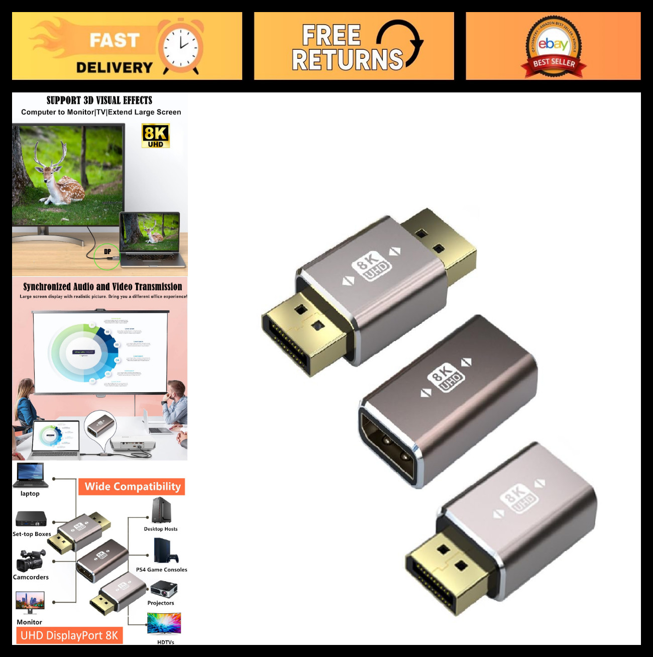 8K DisplayPort Coupler Adapter 3 Pack – Male to Female, Male to Male, Female to