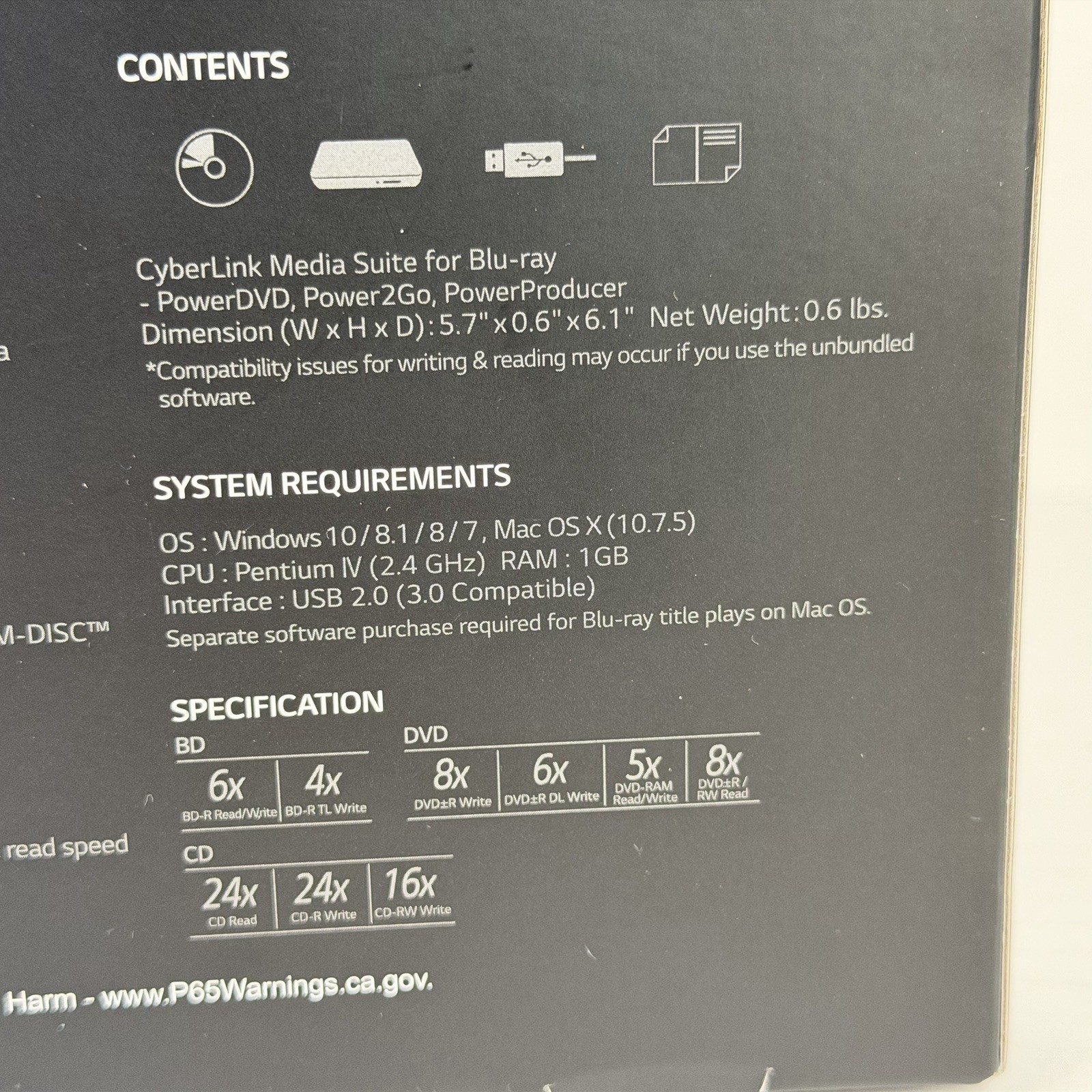 LG BP50NB40 Slim Portable Blu-ray DVD Writer USB External Drive Black Open Box