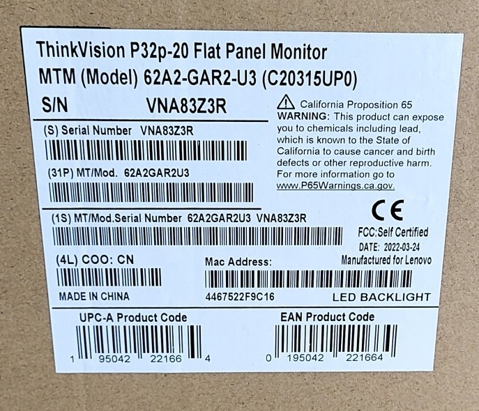 NEW SEALED BOX LENOVO P32p-20 C20315UP0 LCD Monitor 32″ HDMI USB-C DP SEE NOTES