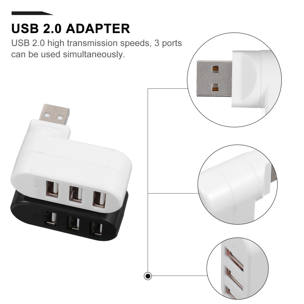 2Pcs 3 Ports USB Hub USB 2.0 Adapter Durable ABS White Computer Cable