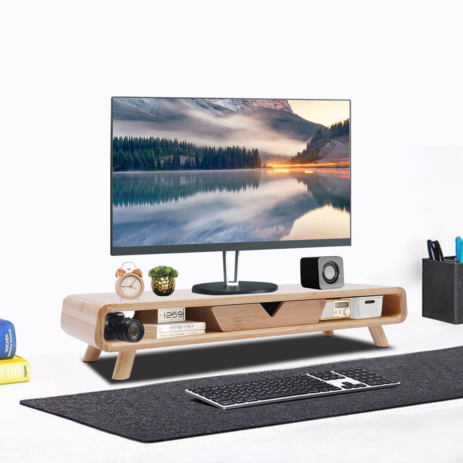 24in Bamboo Monitor Stand W/ Drawer Back Baffle Desktop Stand Riser 4.5in Height