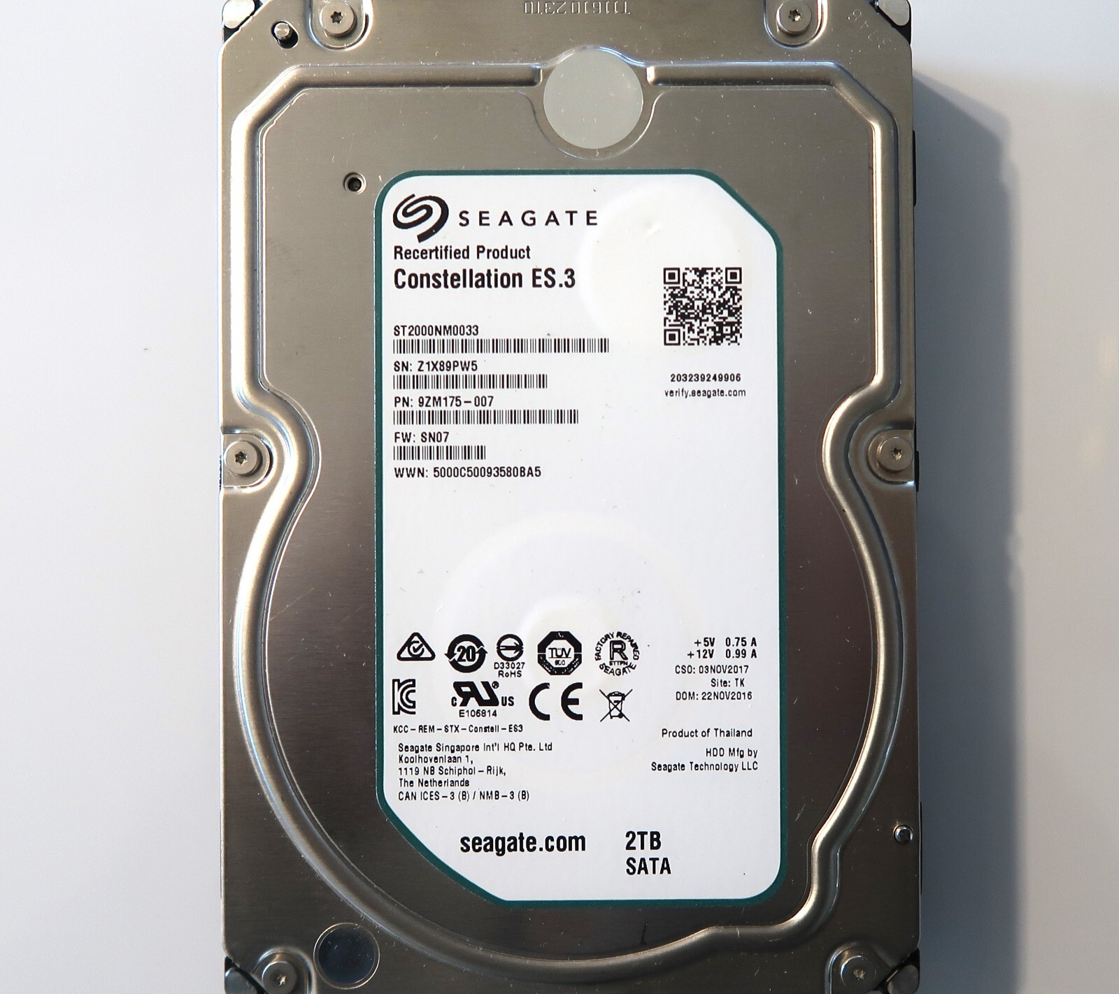Seagate ST2000NM0033 9ZM175-007 TK (Z1X8) Thailand 2.0TB 3.5″ Sata HDD 22NOV2016