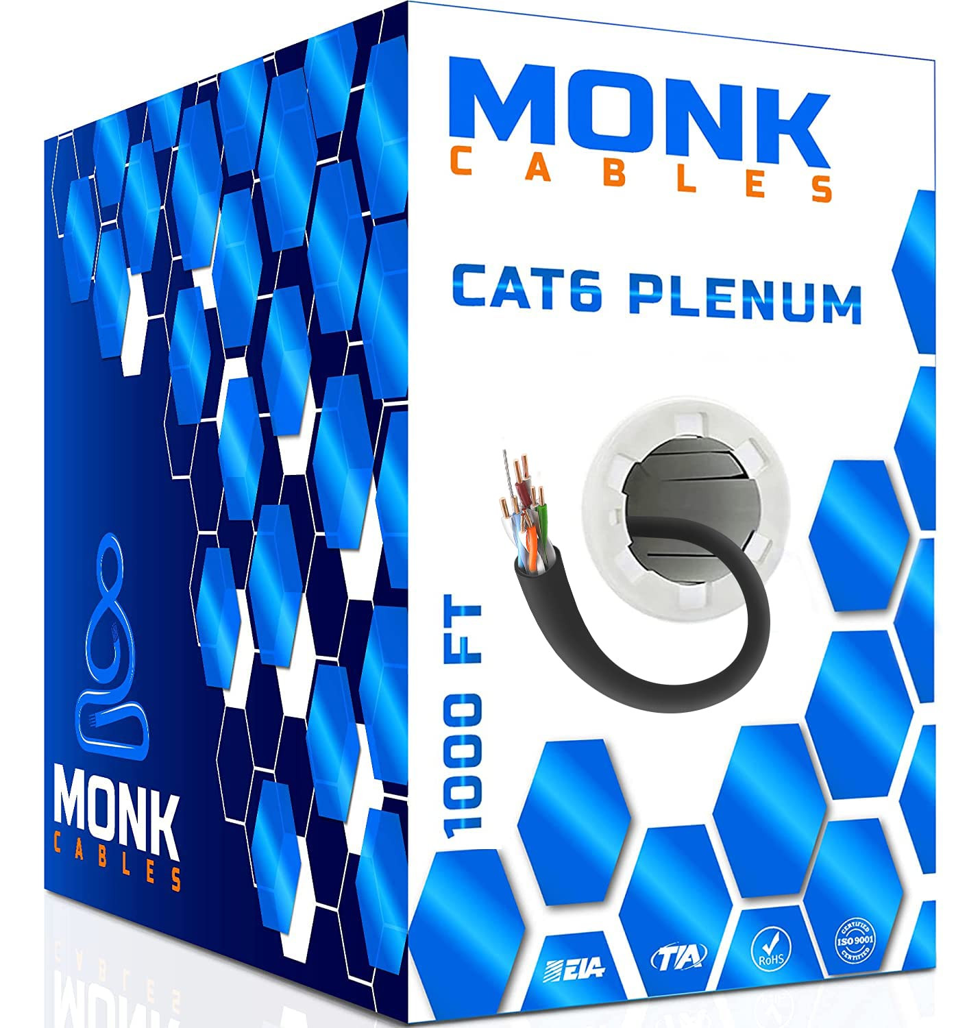 MONK CABLES | CAT6 Plenum Cable 1000Ft | UTP, 23AWG, 550Mhz | DSX-8000 Certified