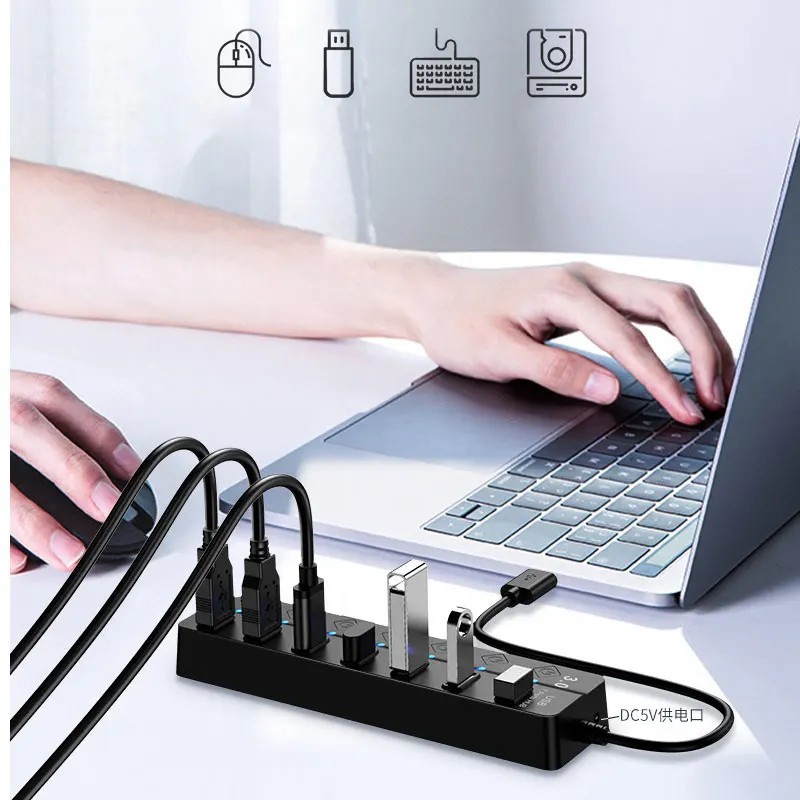 7 Port USB 3.0 Hub On/Off Switch High Speed Splitter Charge PC Laptop Desktop