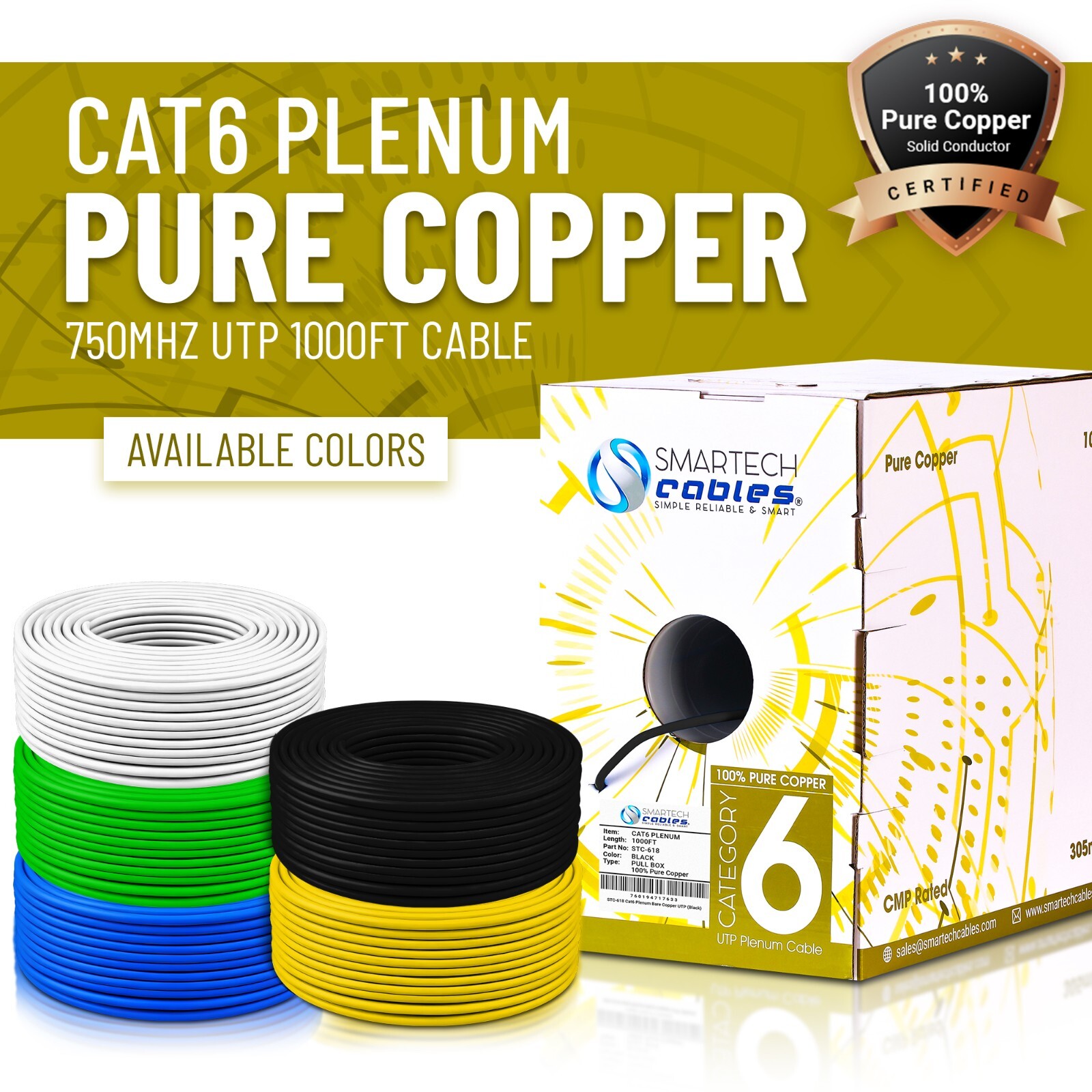 CAT6 Plenum (CMP) 1000ft Solid Copper 550MHz 23AWG UTP Bulk Ethernet Cable