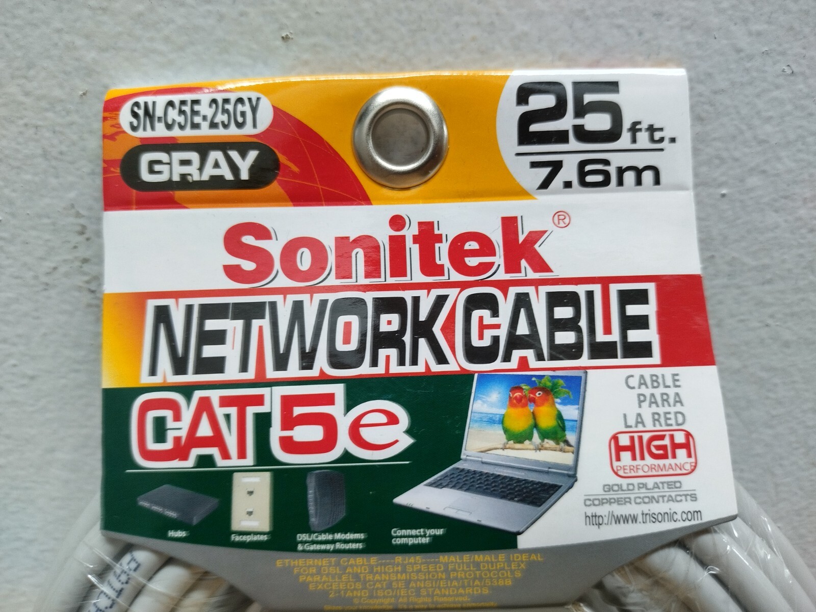 Sonitek 25 Ft. Gray Gold Plated Copper Contacts CAT-5E Computer Networking Cable