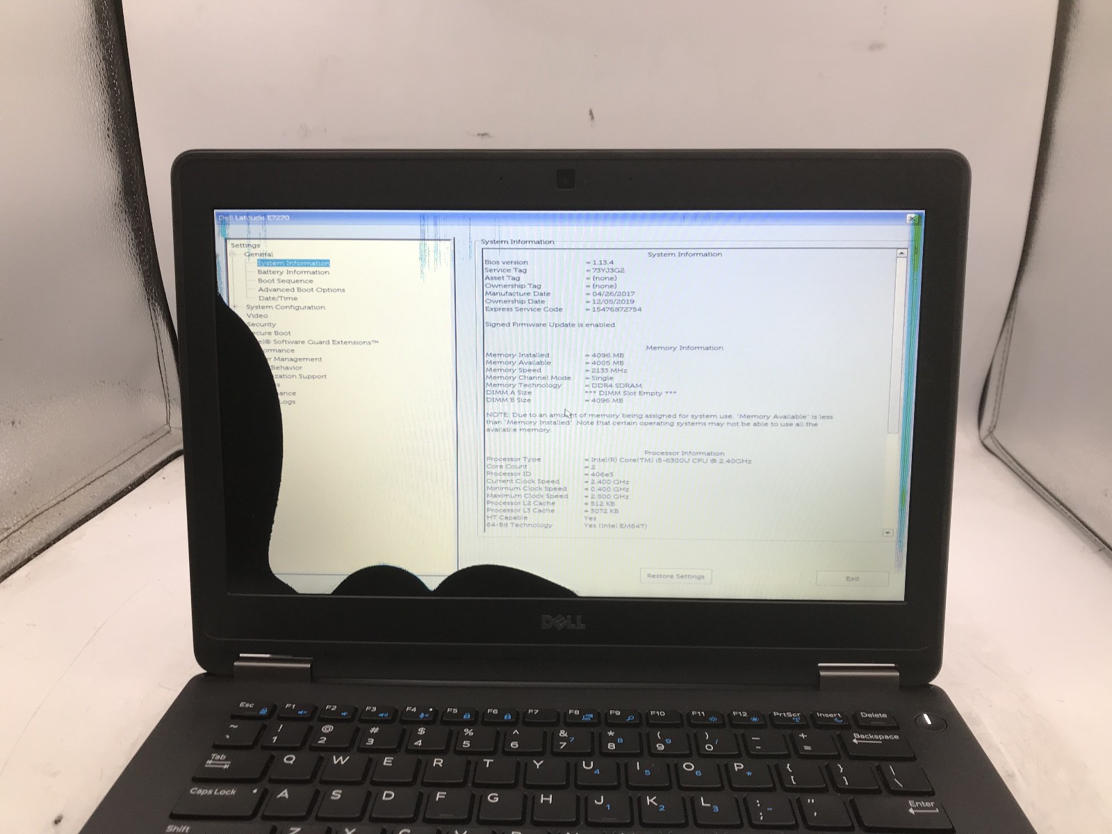 DELL LATITUDE E7270 – BOOTS TO BIOS/BAD LCD – INTEL I5 6300U – NO RAM – READ -BB