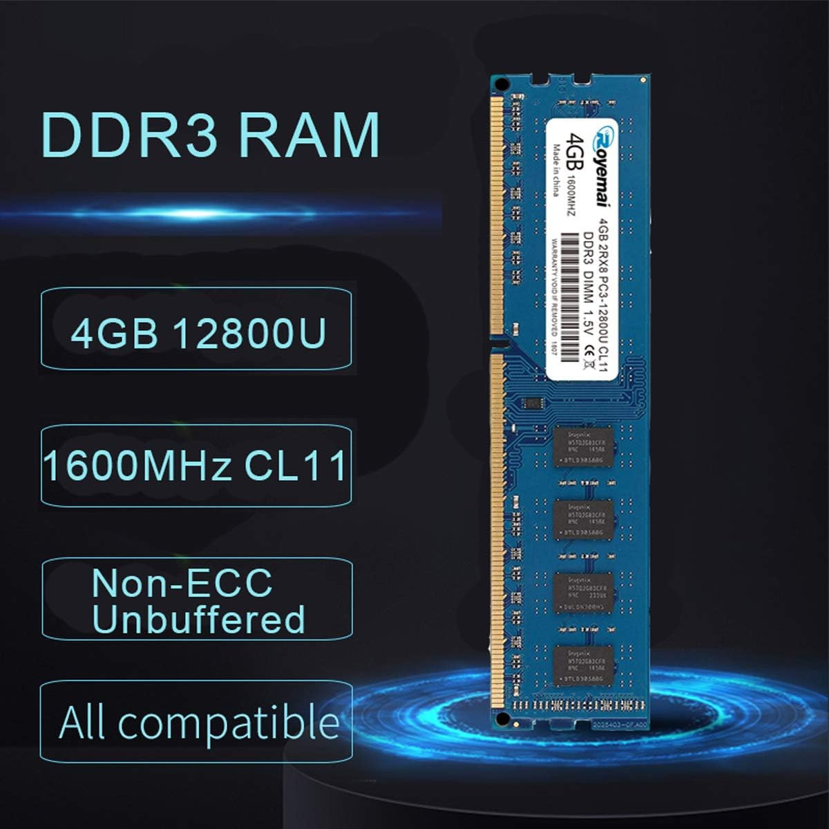 8GB Kit (2X4GB) DDR3 1600Mhz PC3-12800U 4GB 2Rx8 240-Pin Dimm CL11 1.5V Desktop