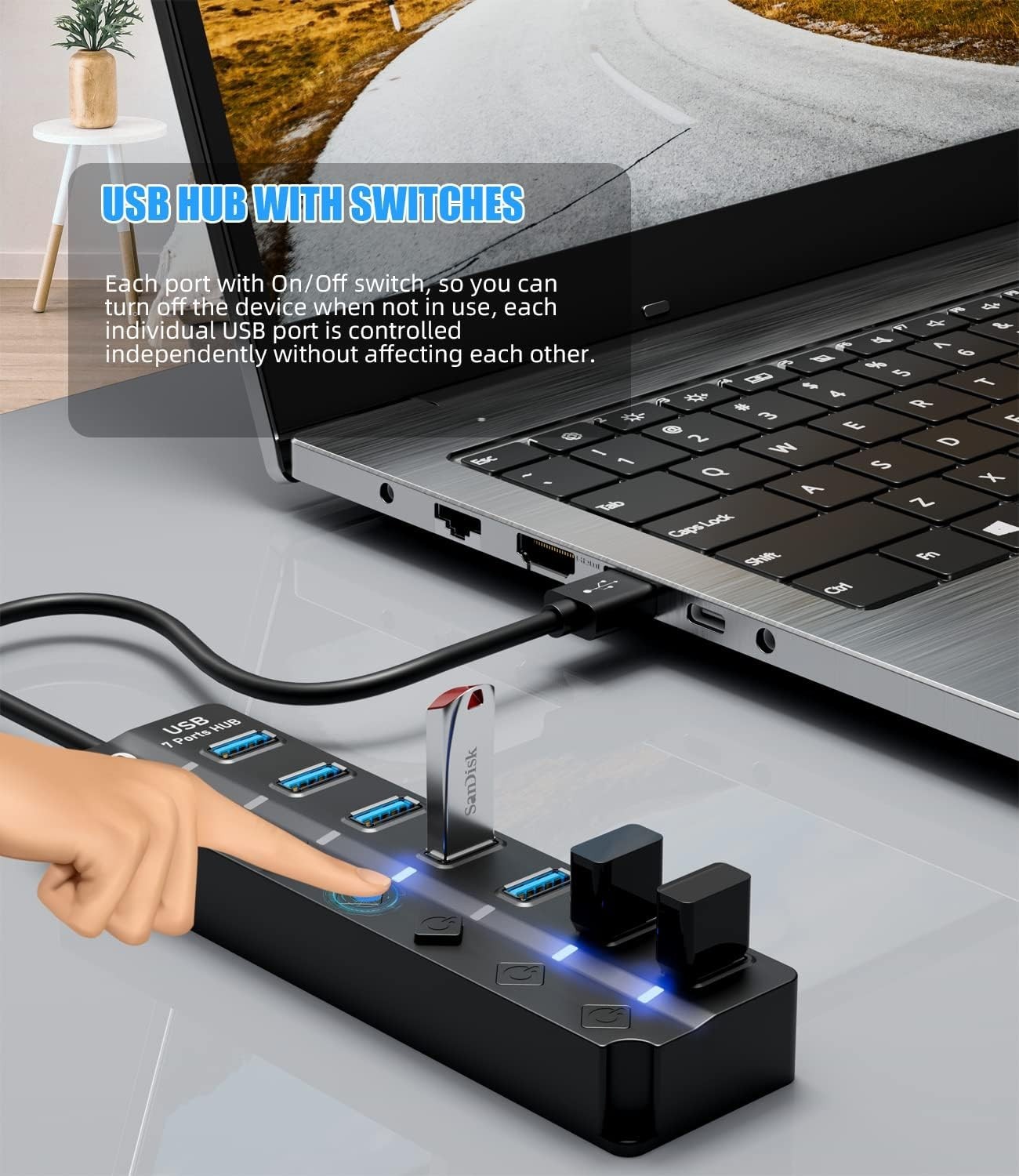 Plug and Play 7-Port USB Hub 3.0 for Fast Data Transfer and Easy Use