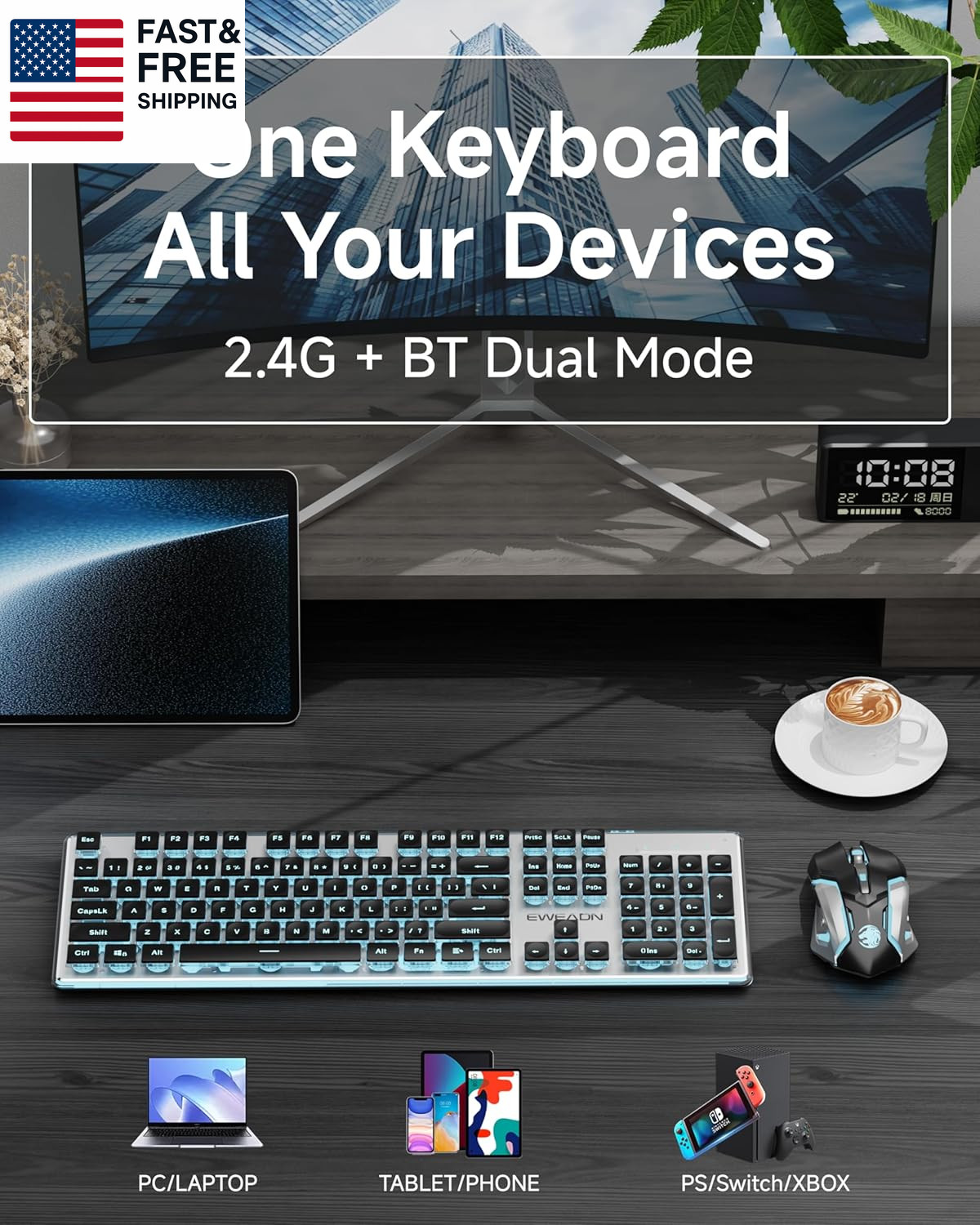 V3 Wireless Keyboard and Mouse with Blue Backlit, Metal Panel, Bluetooth/2.4G
