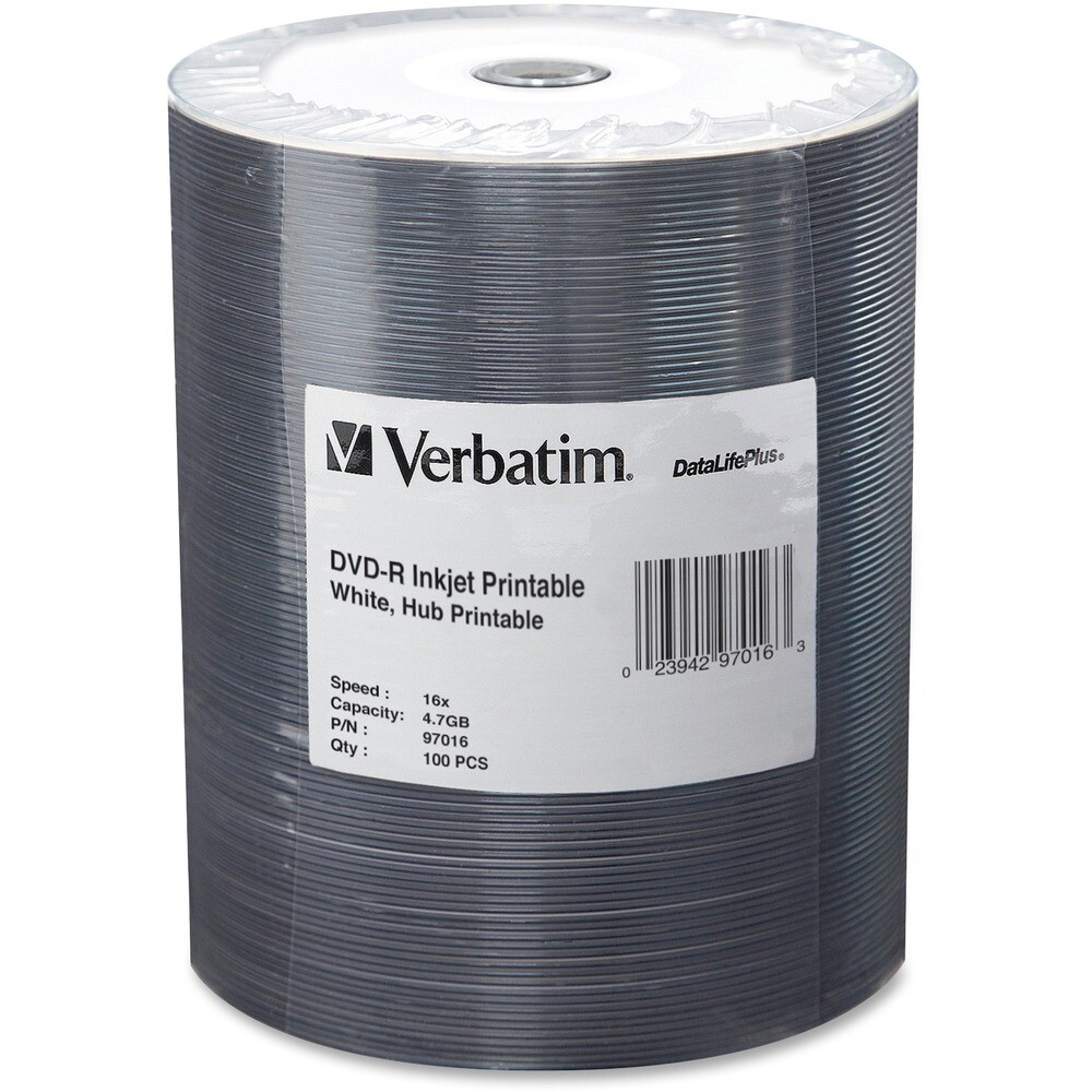 Verbatim 97016 DVD-R 4.7GB 16X Datalifeplus White Inkjet 100Pk Tape Wrap