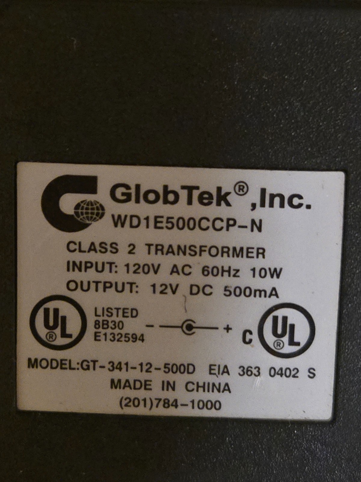 Glob Tek AC/DC Adaptor Class 2 Power Supply 12.0V 500mA Model GT-341-12-500D