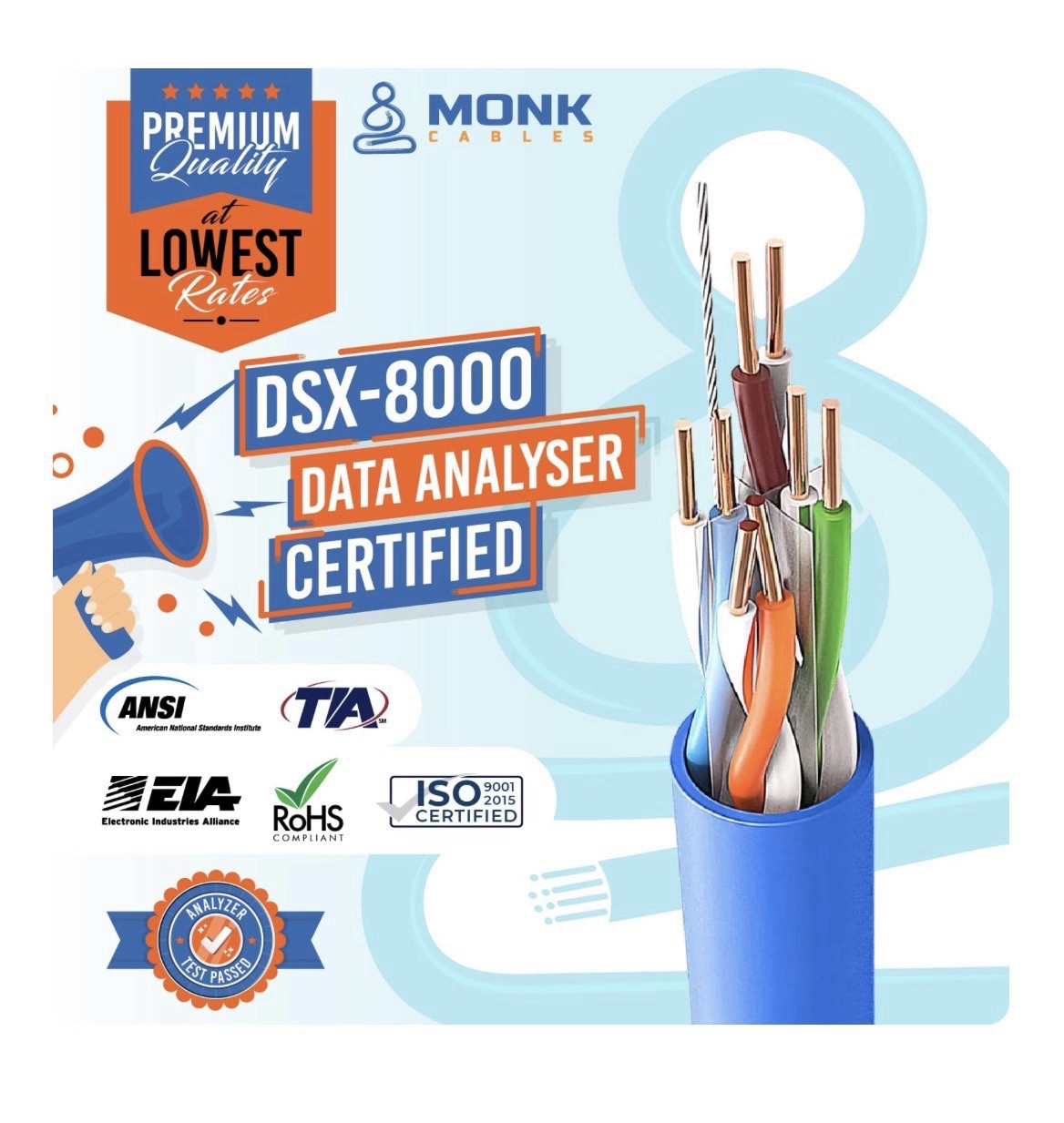 Monk Cables Cat6 Plenum CMP Rated Jacket 1000ft UTP 550MHz 23AWG Ethernet Blue