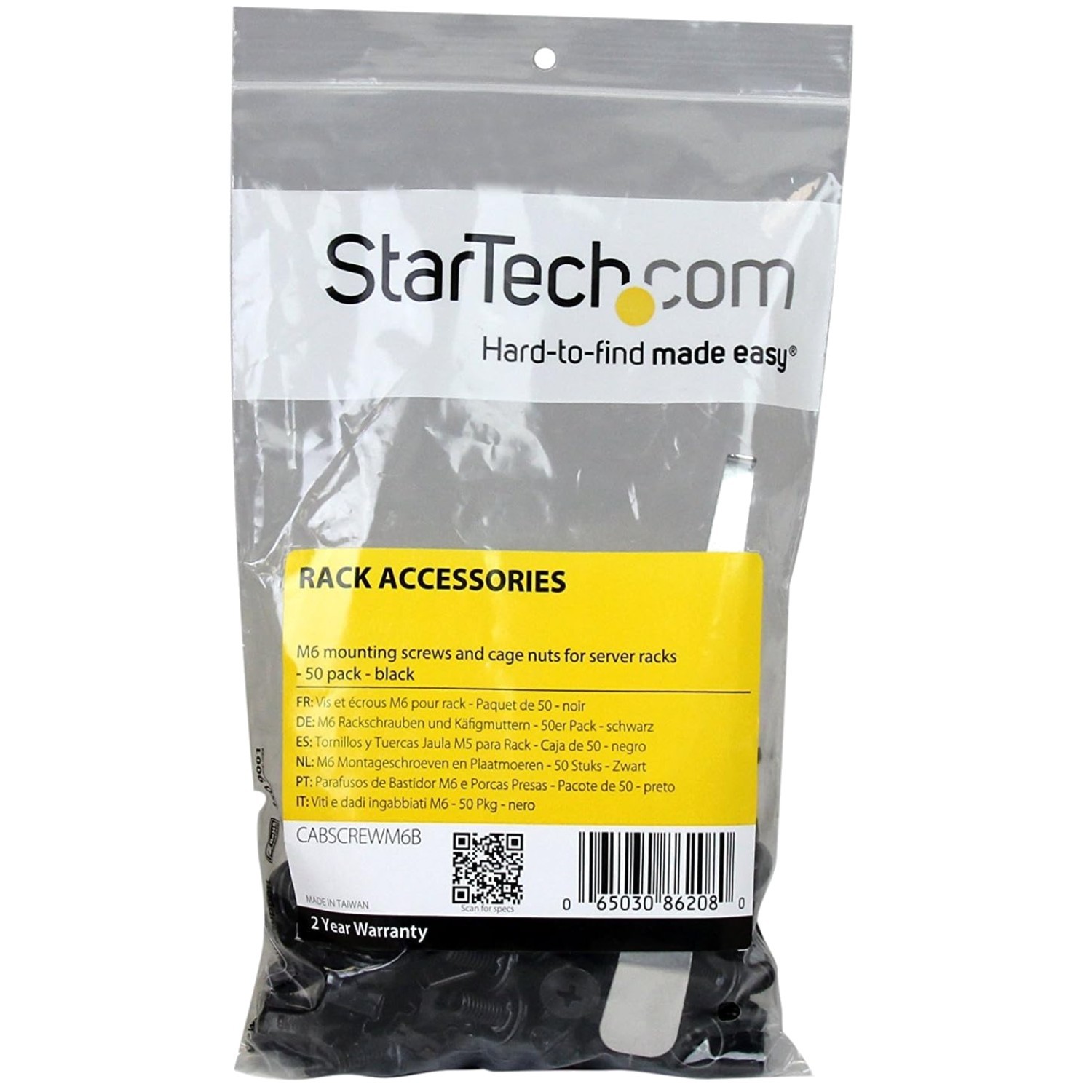 StarTech M6 Screws & Cage Nuts Kit – 50 Pack, Black