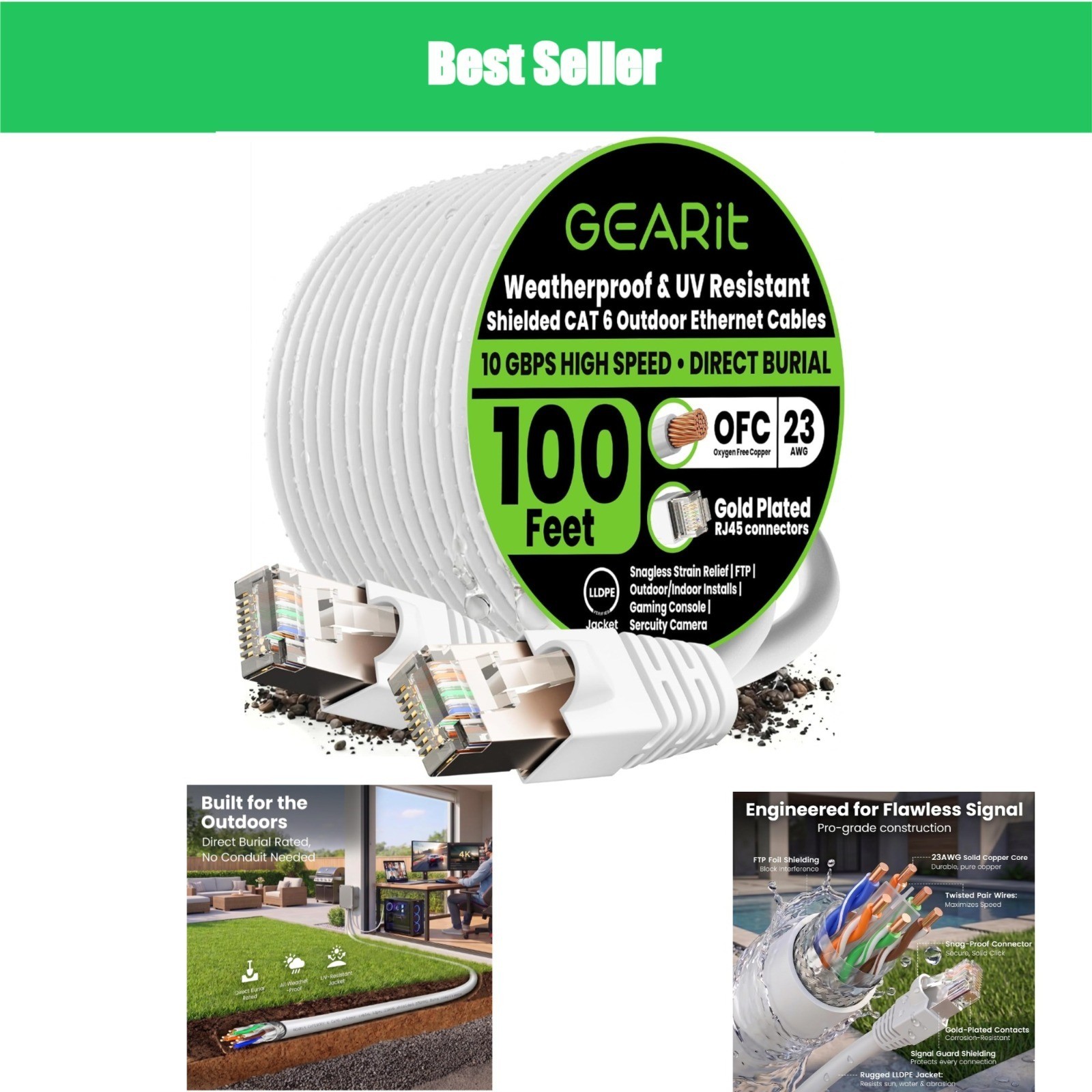 GEARit Cat6 Outdoor Ethernet Cable 100ft 23AWG Waterproof UV Resistant