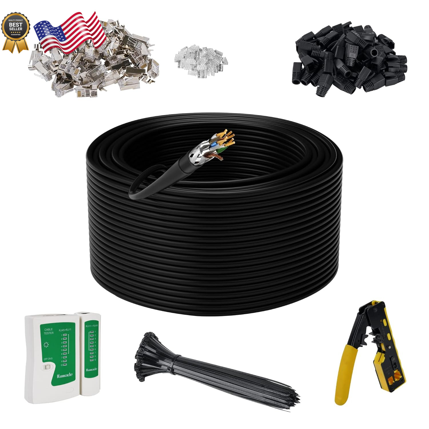 Cat 7 Outdoor Ethernet Bulk Cable 1000 FT With Tool Kits,Adoreen 10Gbps Heavy
