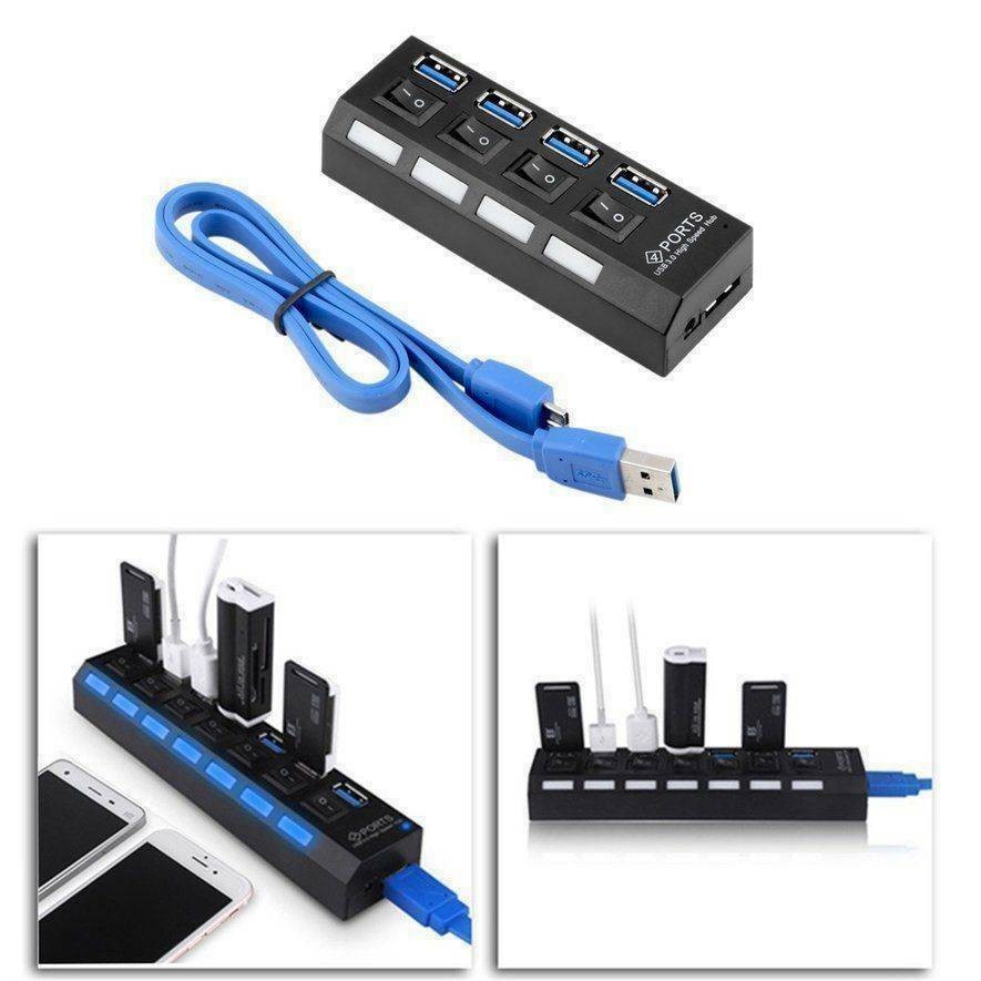 4/7 Port USB 3.0 High Speed HUB Splitter Box With ON/OFF Switch AC Power Adapter