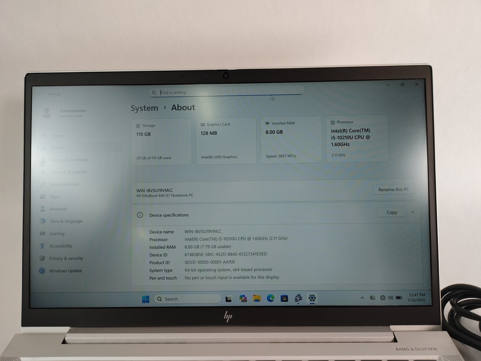 HP EliteBook 840 G7 Core i5-10210U 1.60 GHz 8 GB DDR4 128 GB M.2 Windows 11 Pro