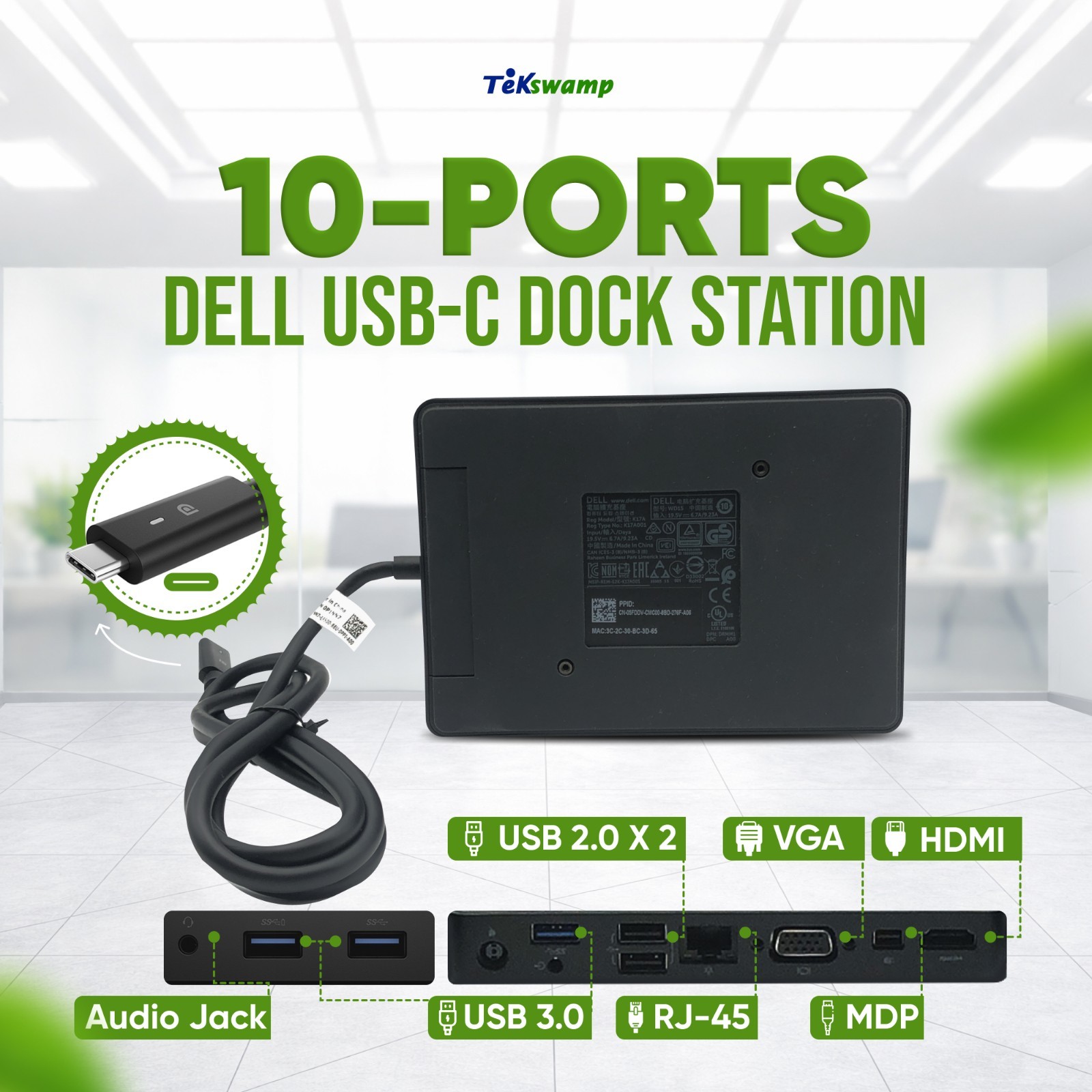 Genuine Dell WD15 K17A Dual Monitor USB-C Dock Station K17A001 NO AC ADAPTER