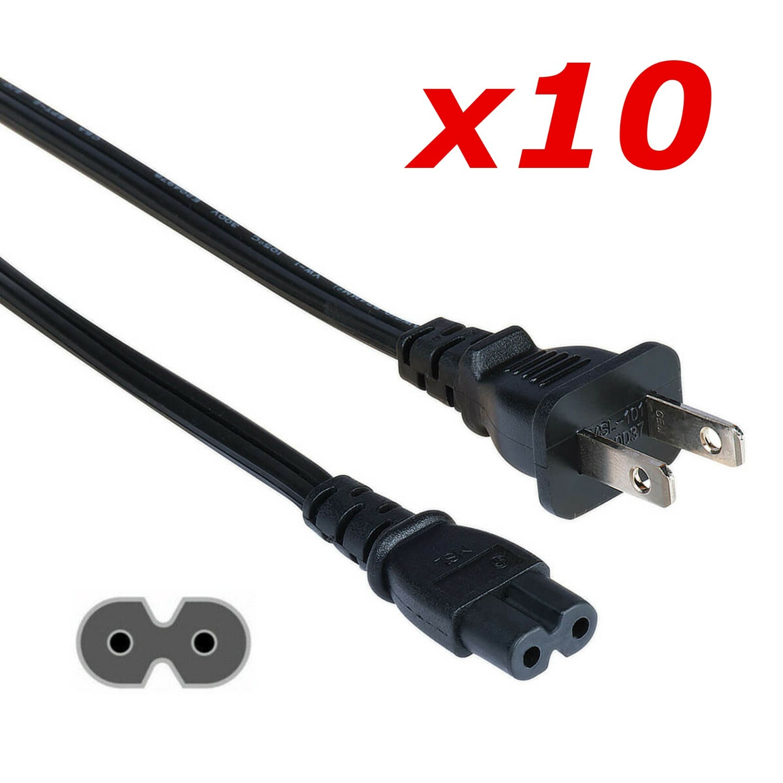 10 Pack – 6ft Two Prong AC Power Cord Cable NEMA 1-15P C7 for Laptop PS3 PS4 DVR
