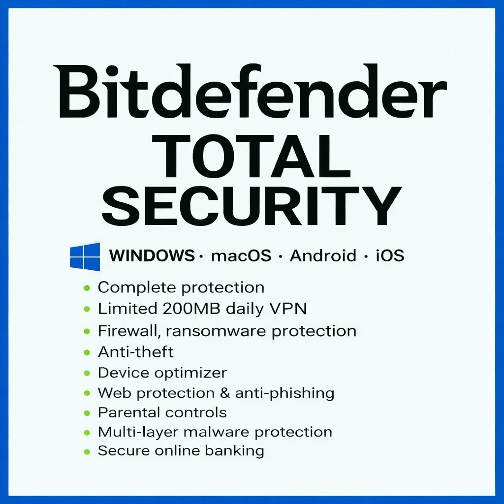 Bitdefender Total Security – 3 Years 1-10 Devices + Daily VPN