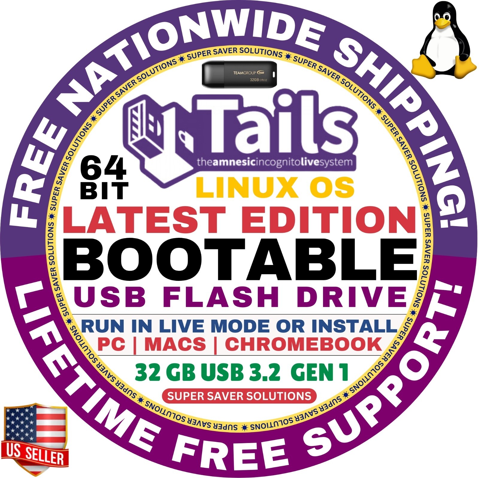 TAILS LINUX OS 6.10 Live Boot, 32GB USB Flash Drive 64-Bit, Mac, PC, Chromebook