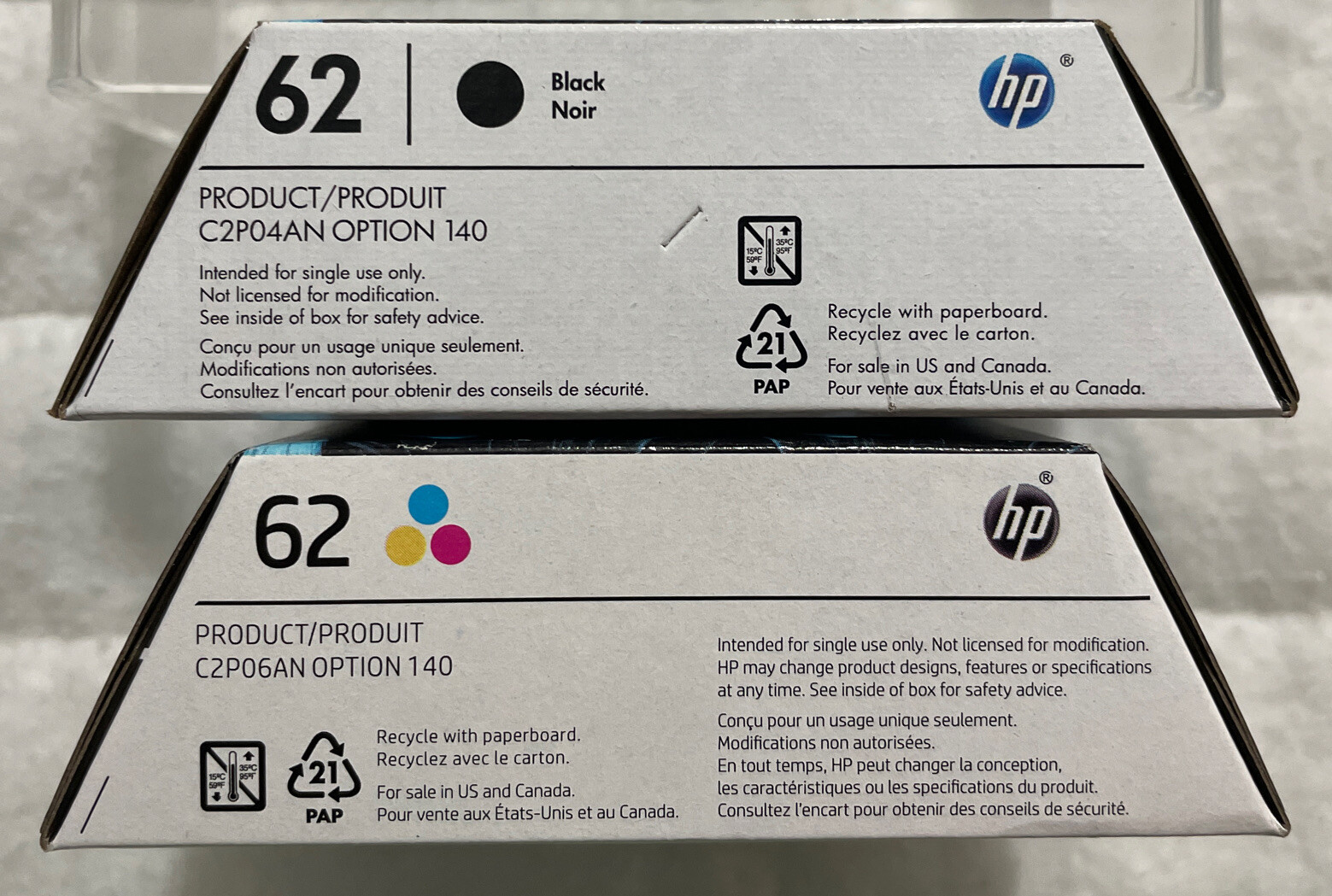 HP 62 Black Tri-Color Ink Cartridges N9H64FN C2P04AN C2P06AN Sealed Retail Box