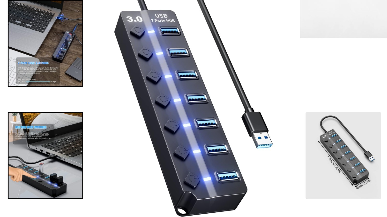 Plug and Play 7-Port USB Hub 3.0 for Fast Data Transfer and Easy Use