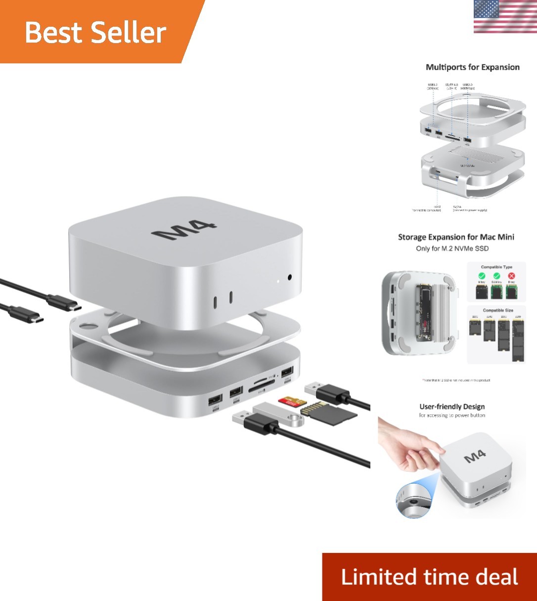 9-in-1 Mac Mini Hub & SSD Enclosure – Perfect for M4 Pro Setup, Silver Finish