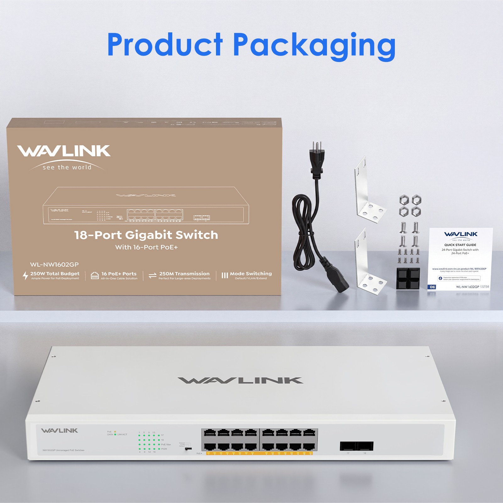 18-Port Full Gigabit Network Switch with 16 PoE+@250W 2x SFP Uplink Gigabit Port
