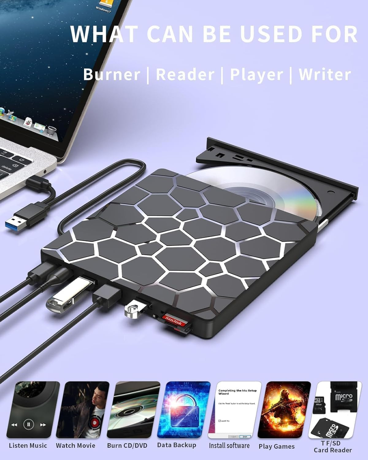 External CD DVD Drive,8 in 1 USB 3.0 and Type-C Disc Reader Writer Burner