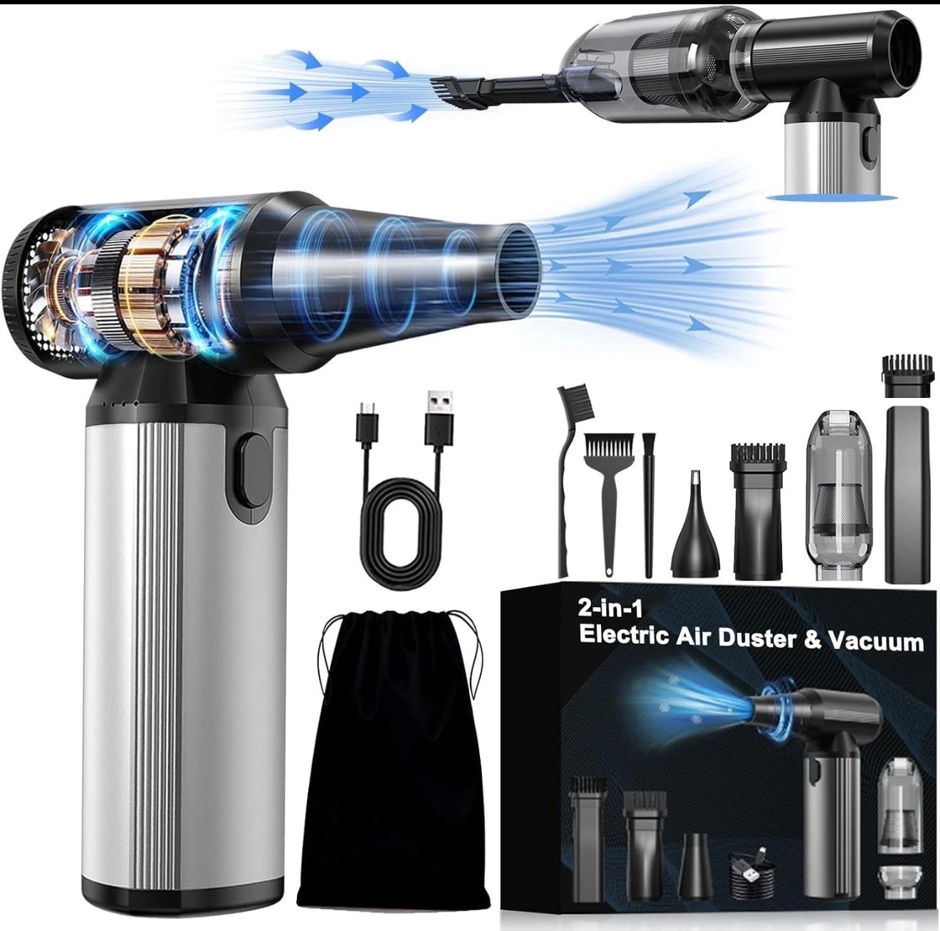 2-in-1 Compressed Air Duster & Vacuum, Brushless Motor, 320000RPM