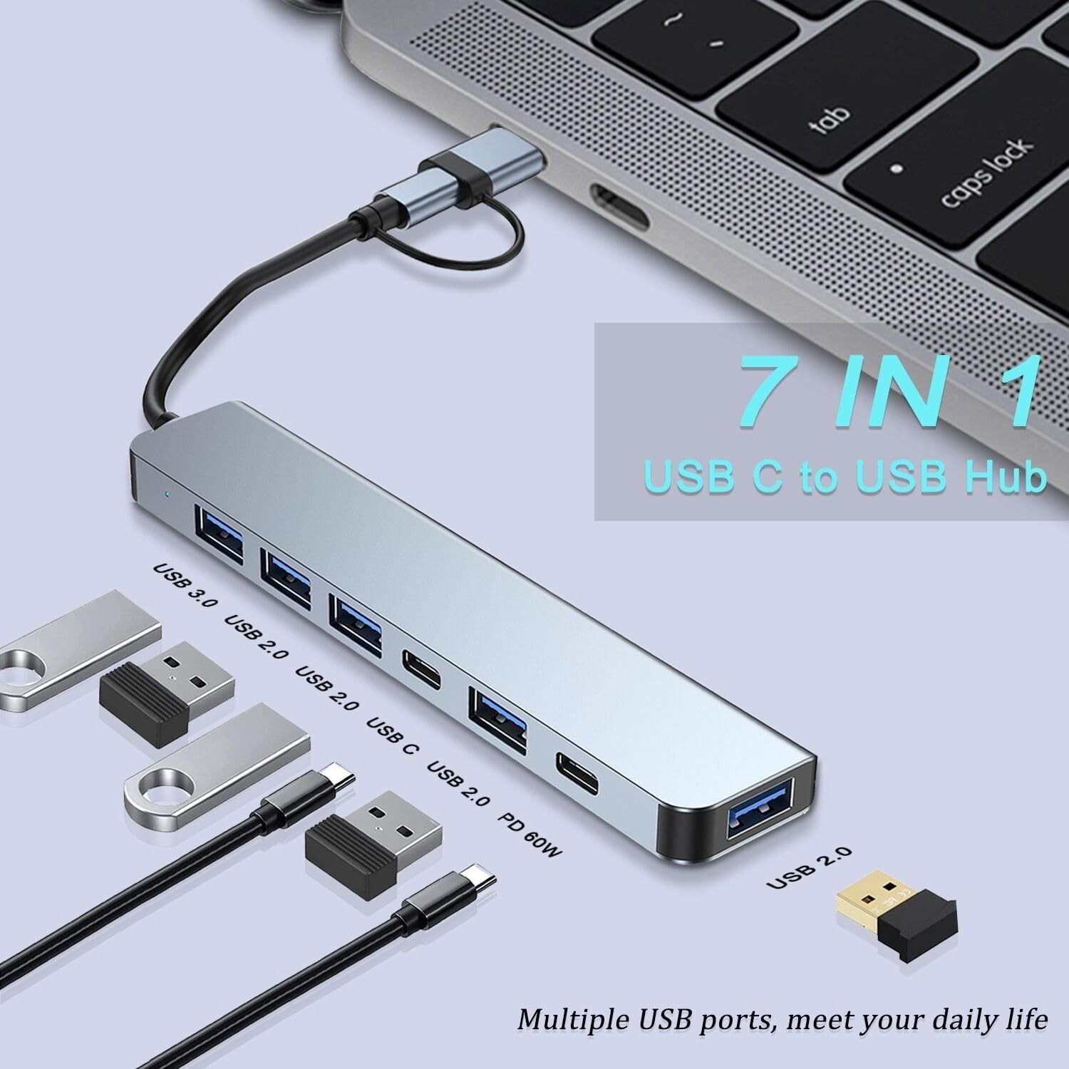 7-in-1 USB C Hub with Aluminum Finish – Perfect for Professionals & Students